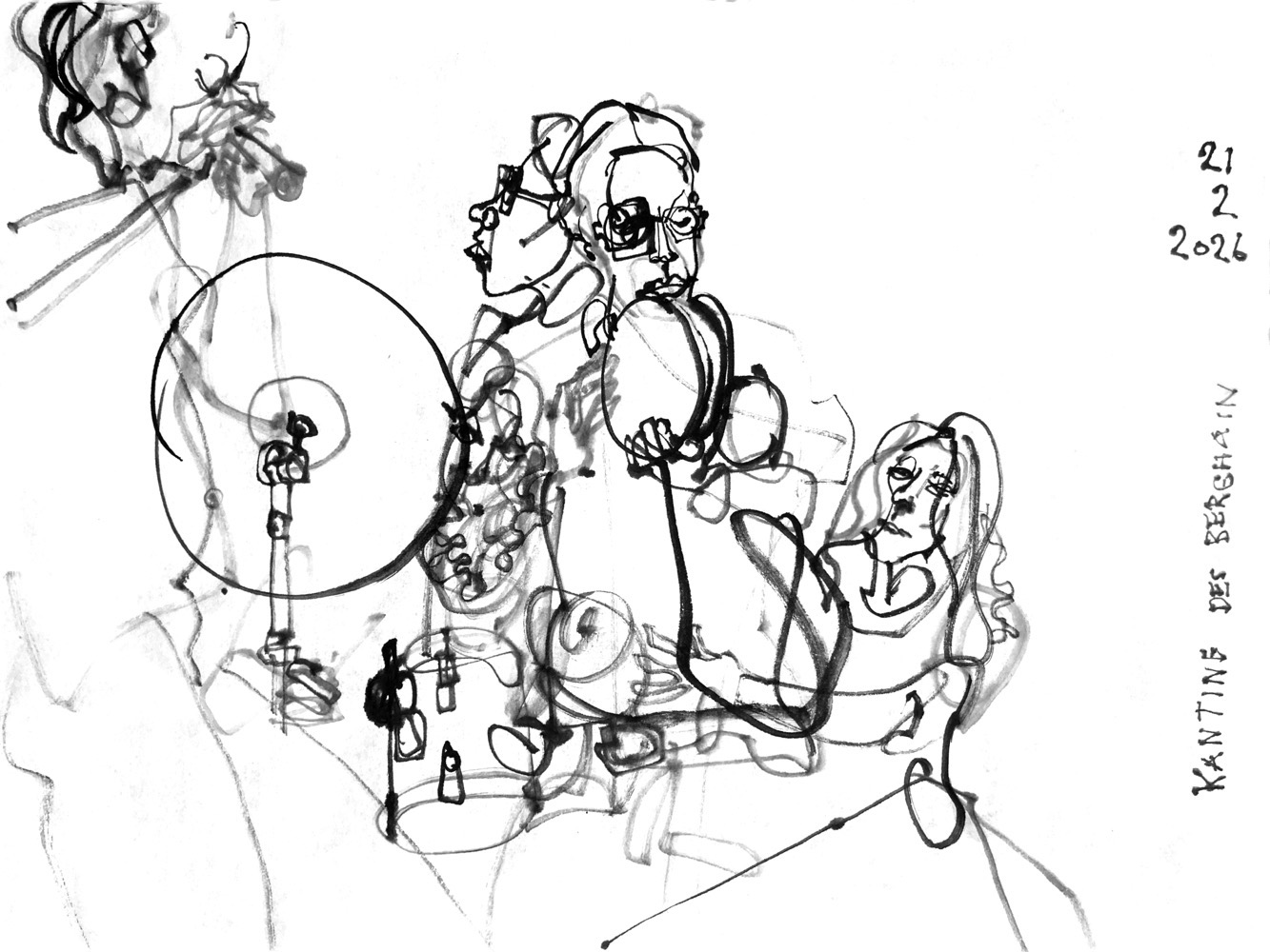 Ink drawing of a woman, playing flute, a man doing percussion, a woman on drums and a woman playing harp.
