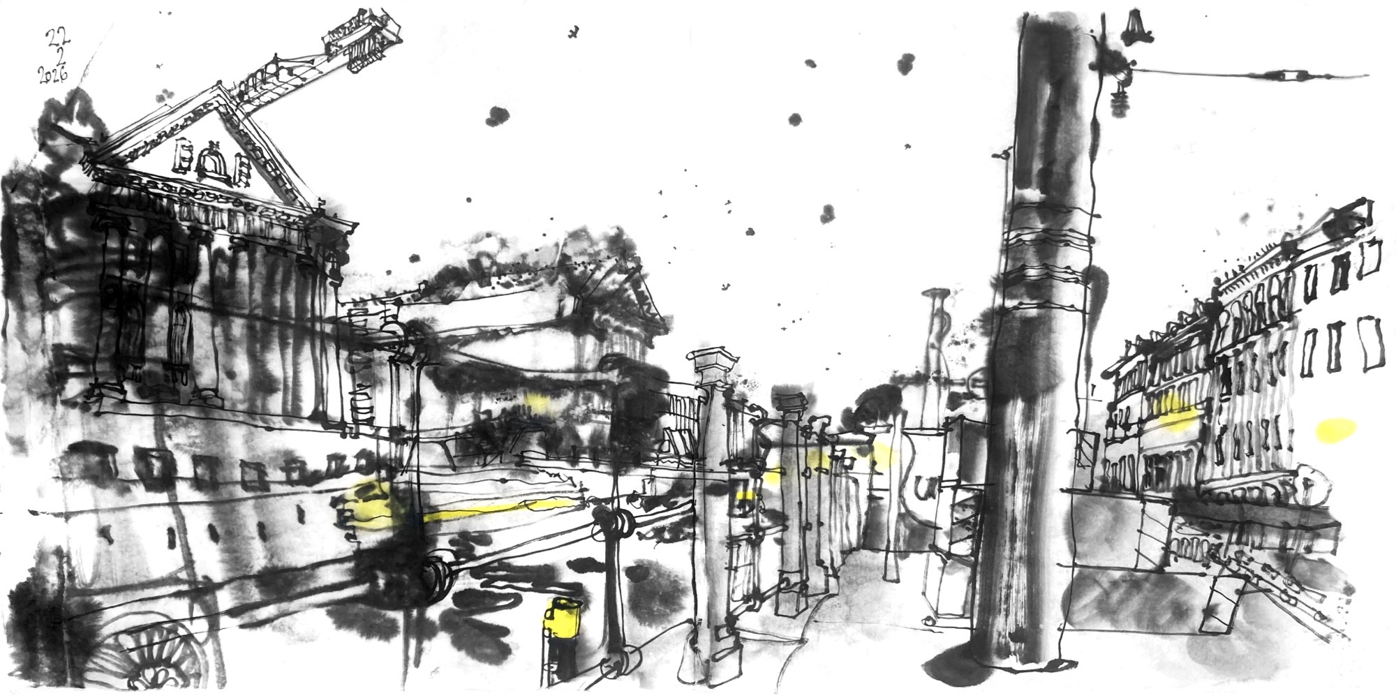 Tusche zeichnung eines Kanals, am gegenüberleiegenden linken Ufer sind die Köfe zweier Flügelbauten mit Giebeln und Säulebfrnzen zu sehen, darüber ist ein teil eines Baukrans sichtbar. An diesem Ufer ist ein gusseisernes Gelönder , ein Betonpfahl für die Straßenbahnelektrifizierung, und diverses Baustellenmaterial, ganz rechts die Fassaden von Gründerzeithäusen.