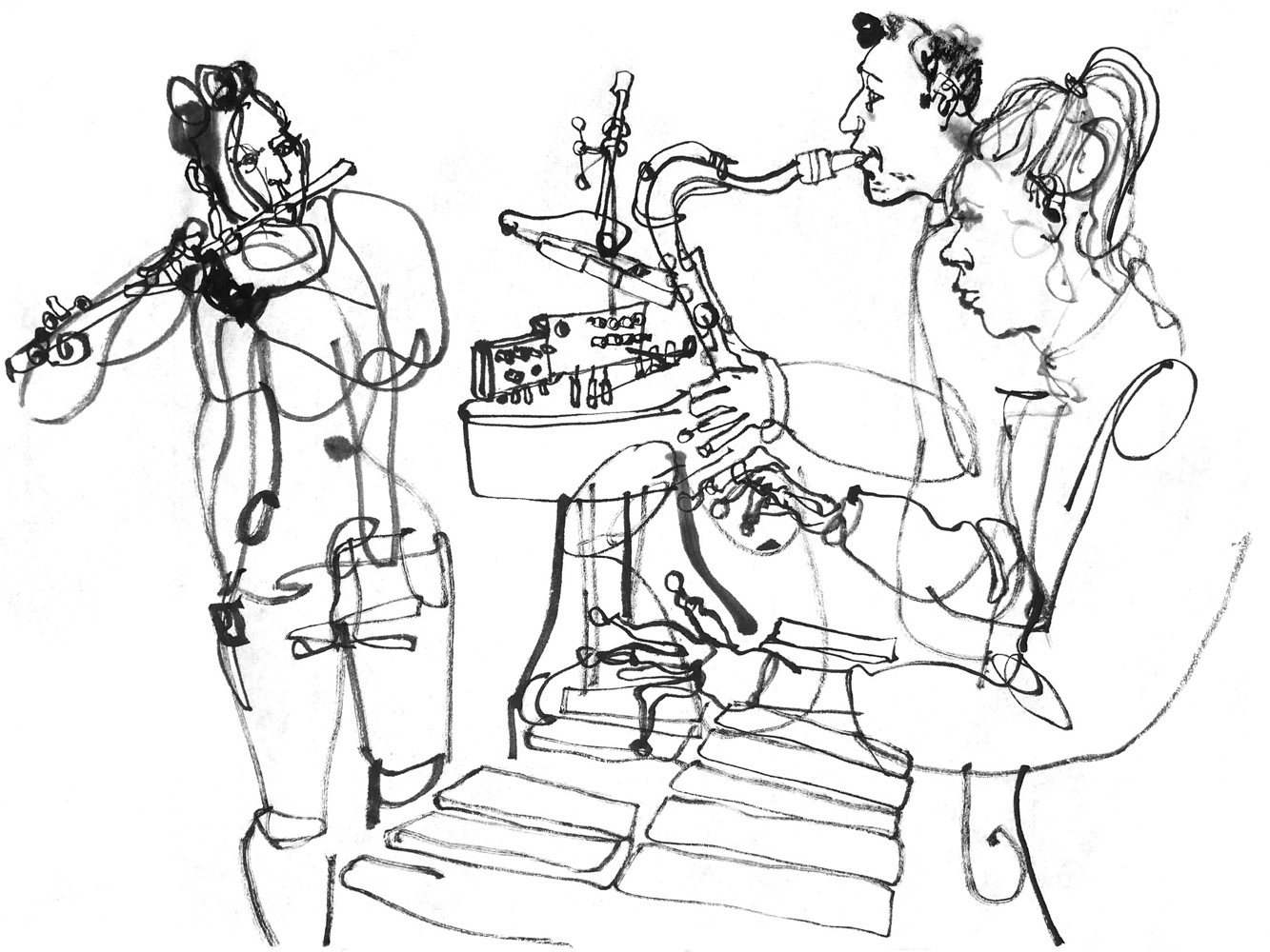 ink drawing of a woman playing flute, a man playing sax and a woman at a vibraphone.