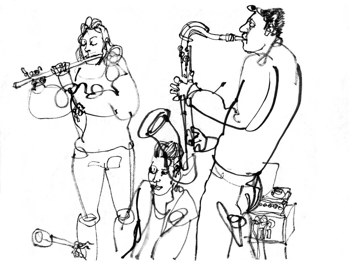 ink drawing of a woman playing flute, a man playing sax and a woman doing percussion