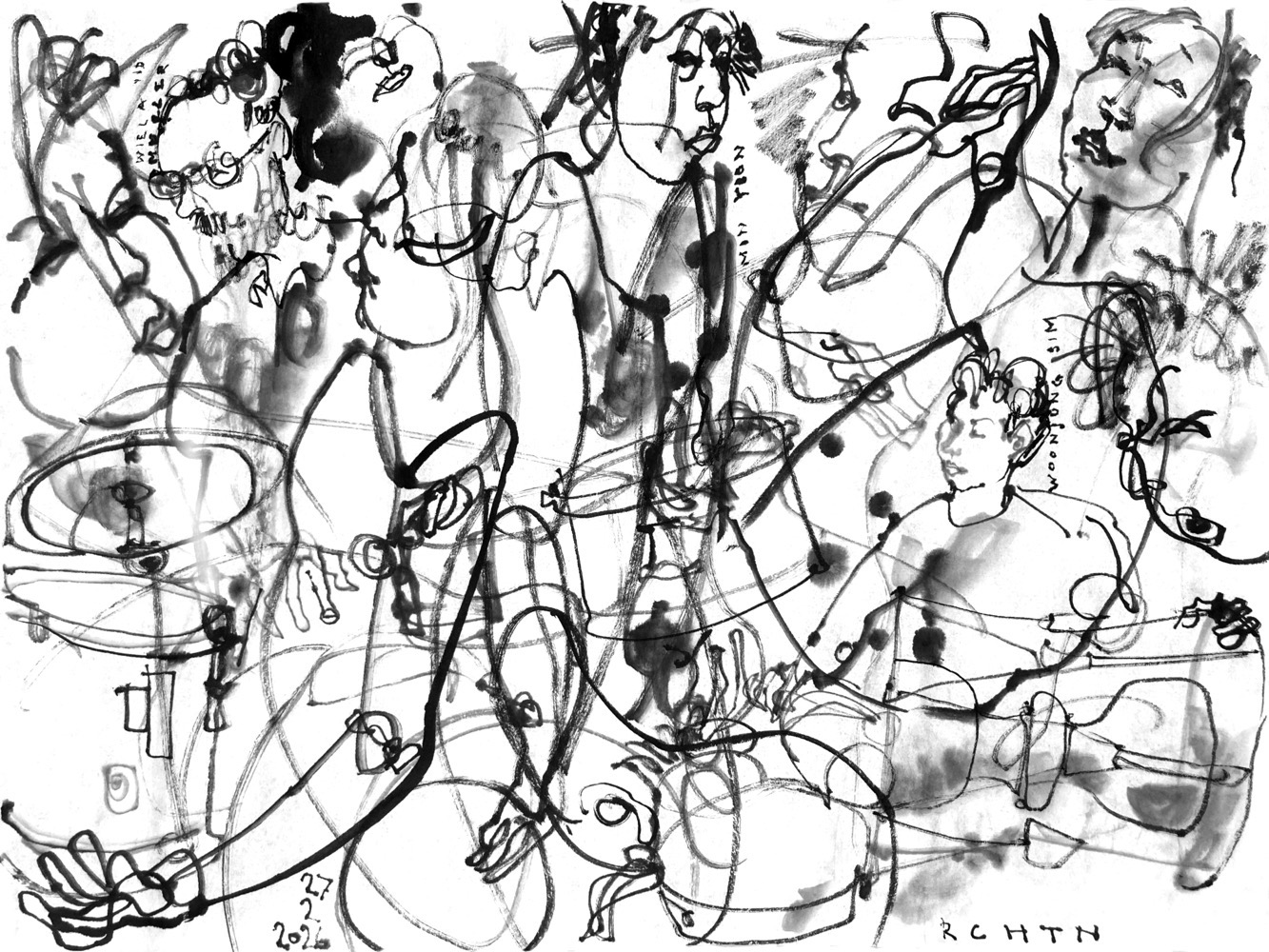 Ink drawing of two percussionists and a dancer.