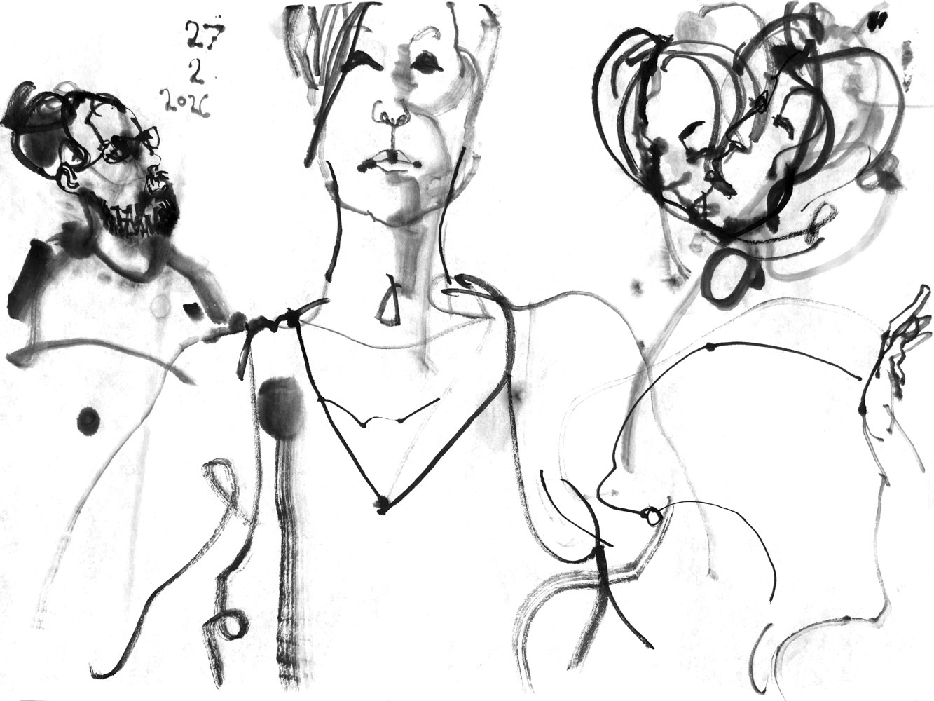 Ink drawing of a drummer and a dancer