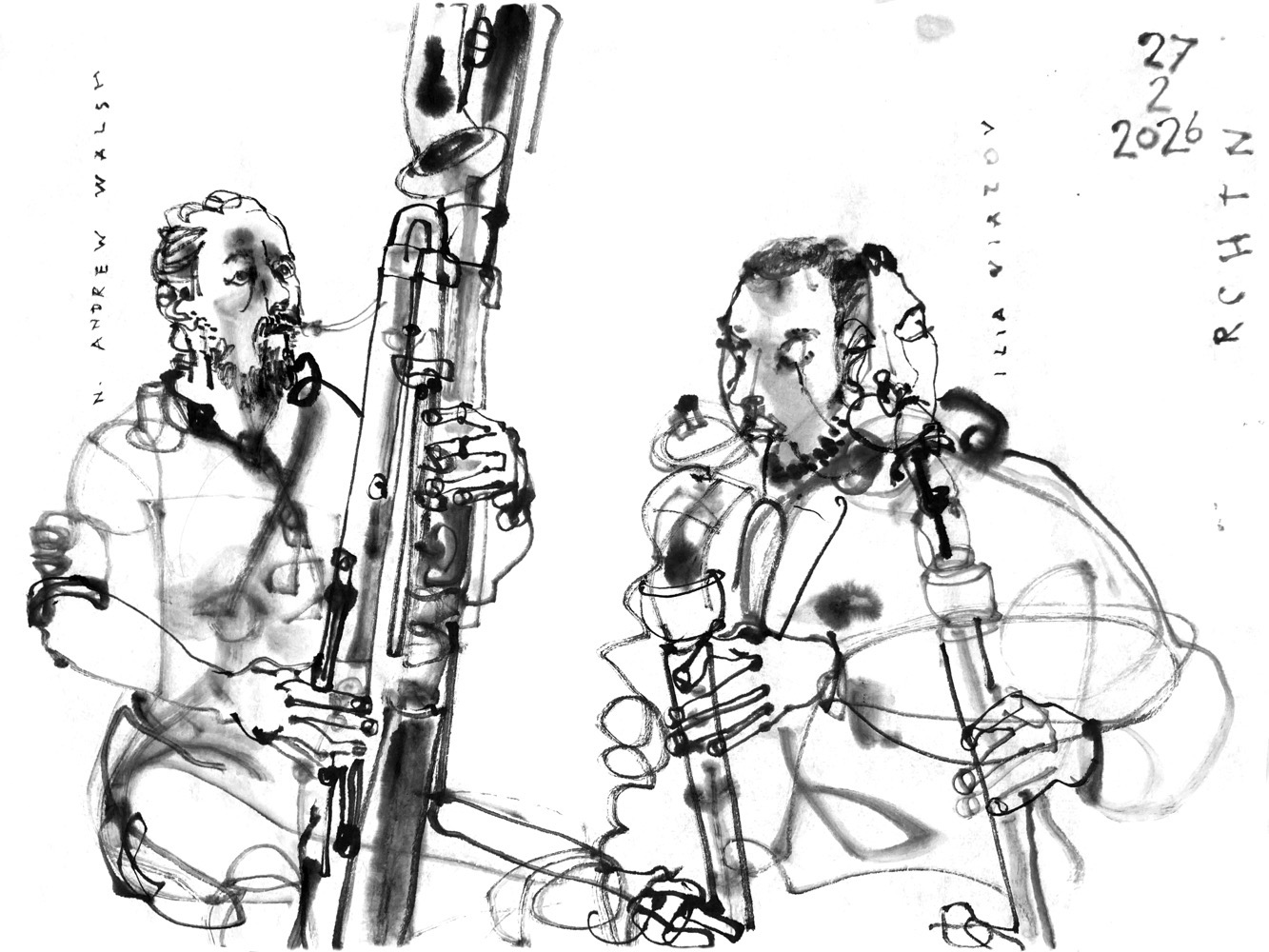 Ink drawing of two male musicians, playing wind instruments.