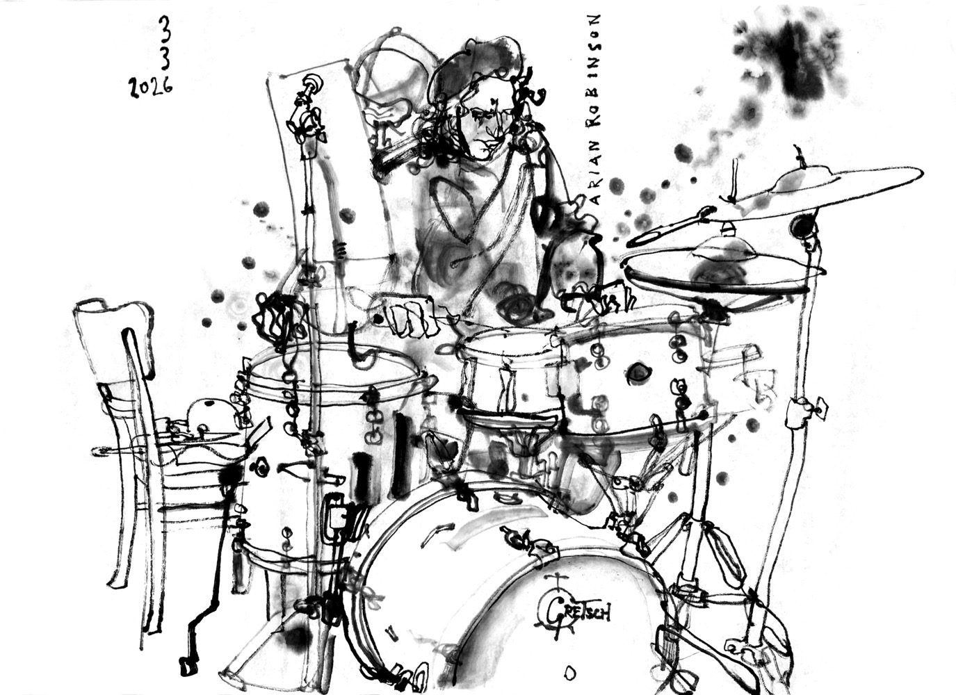 Ink drawing of a male drummer.