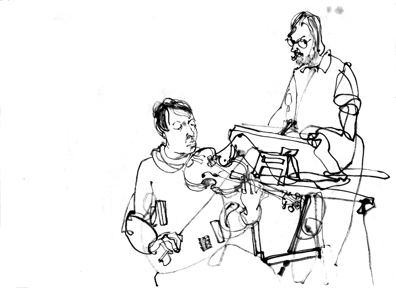 Inkdrawing of a man playing flute and another man playing electronics.