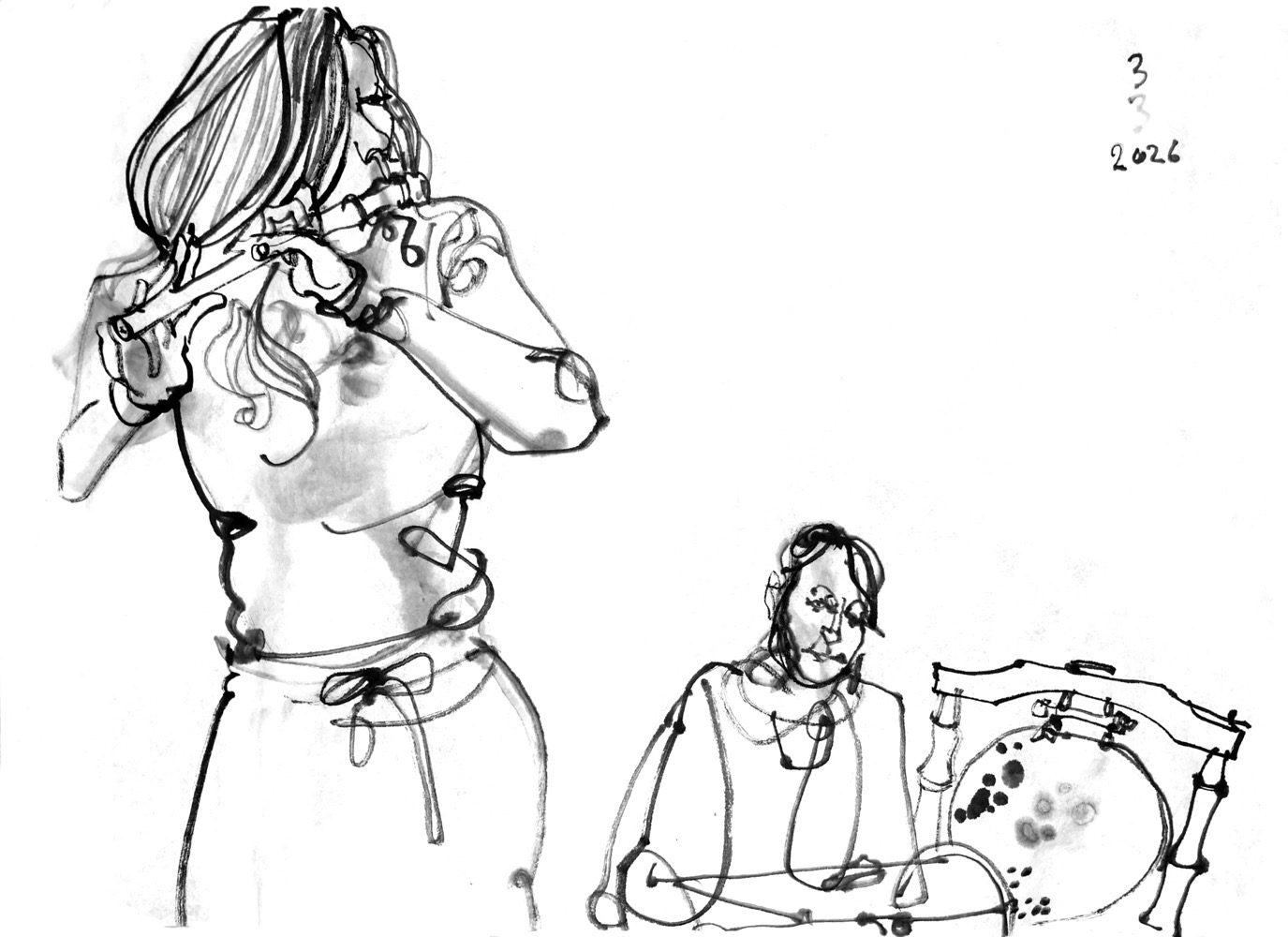 Ink drawing of a woman playing daegeum (korean flute) and a woman playing janggu (korean percussion)