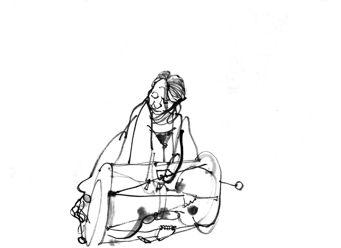 Ink drawing of a woman playing janggu (korean percussion)