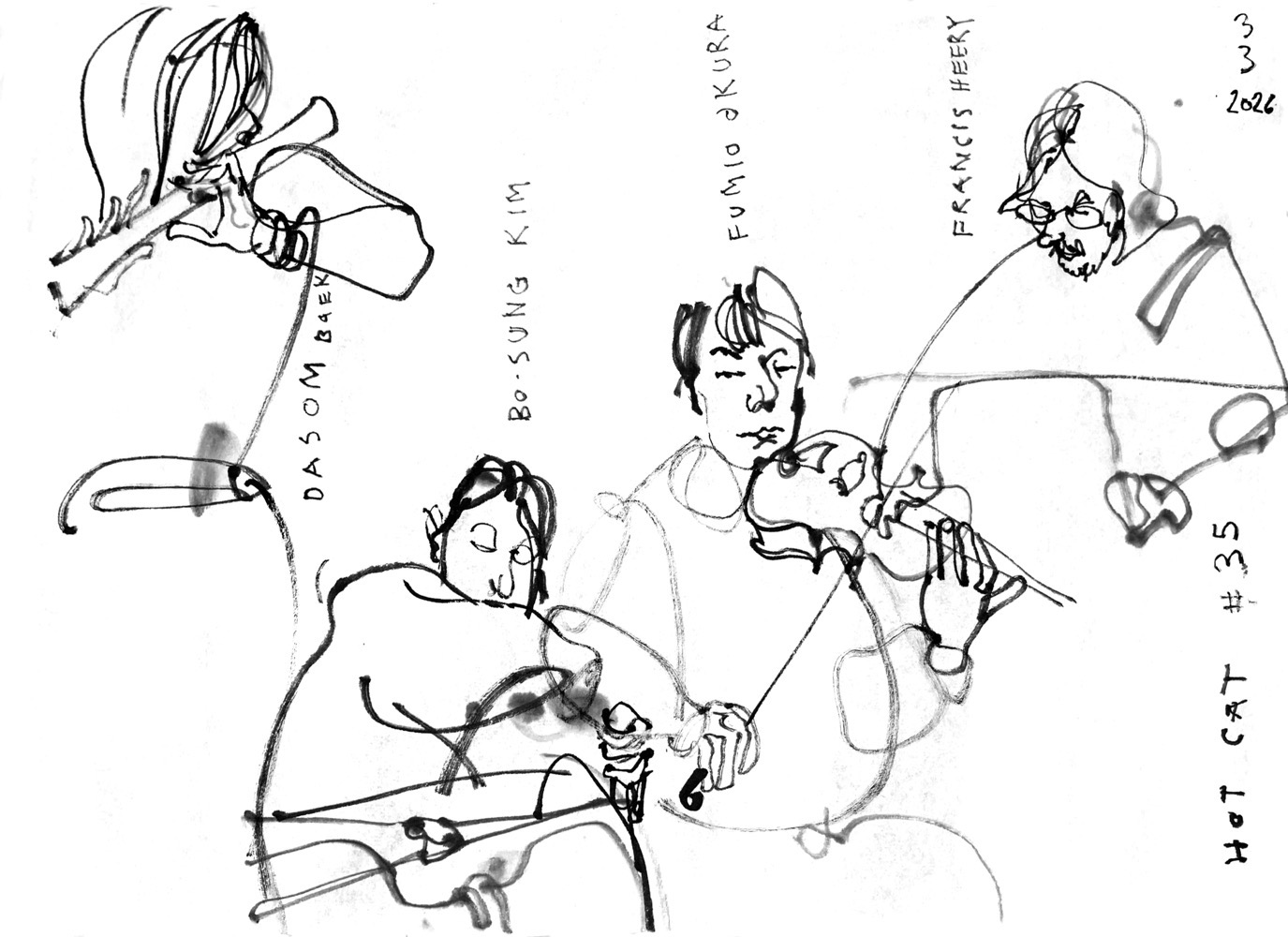 Ink drawing of a woman playing daegeum (korean flute), a woman playing janggu (Korean Drum), a man playing violin and a man playing electronics.