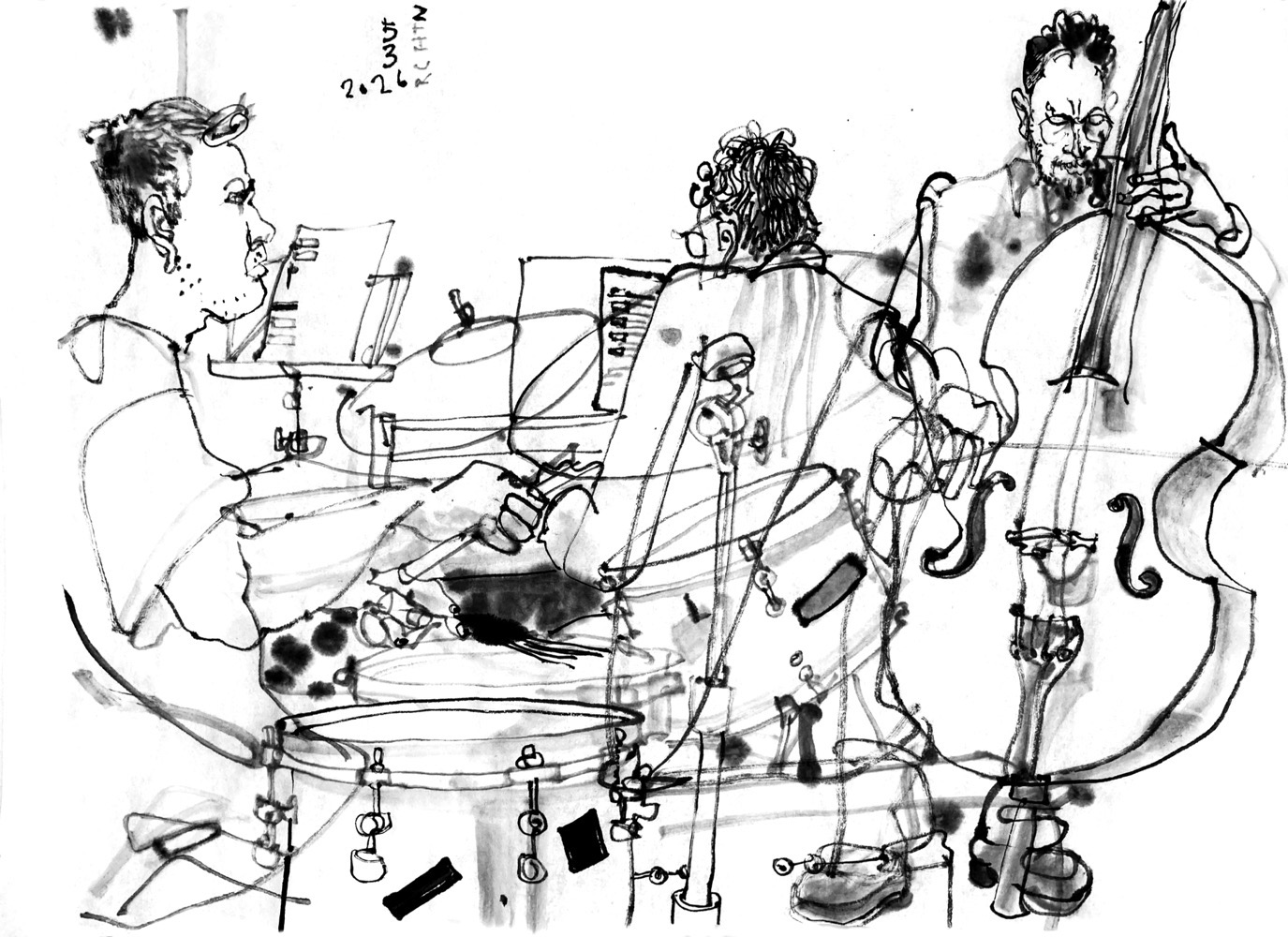 Ink drawing of three man performing - a drummer, a pianist and a bass player.
