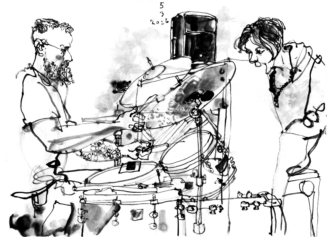 Ink drawing of a man, playing drums and a woman, playing piano.