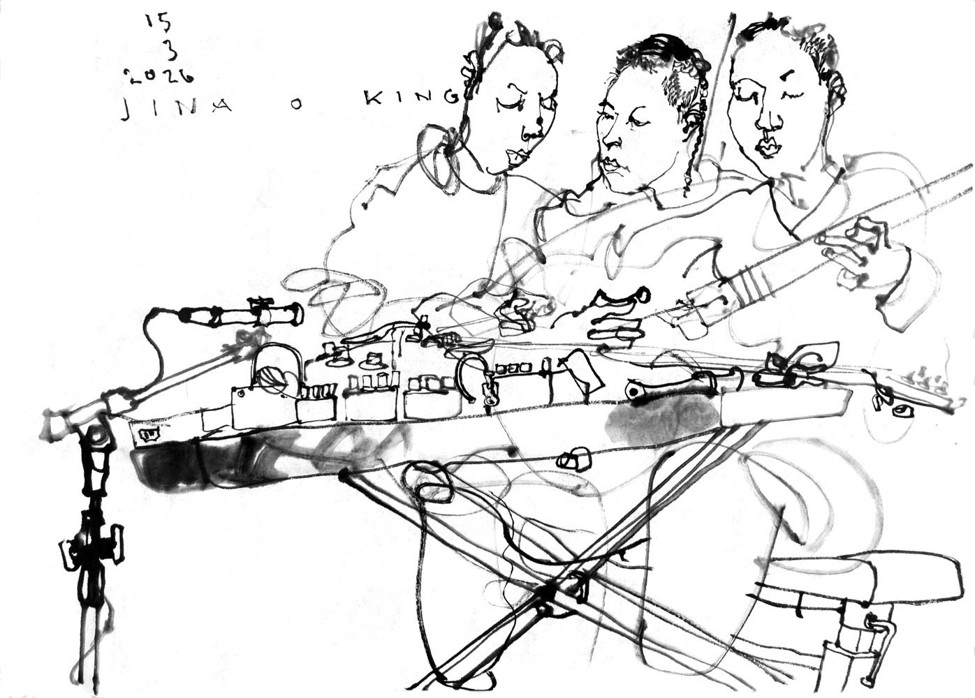 Ink drawing of a woman, playing guitar, depicted in three different poses.