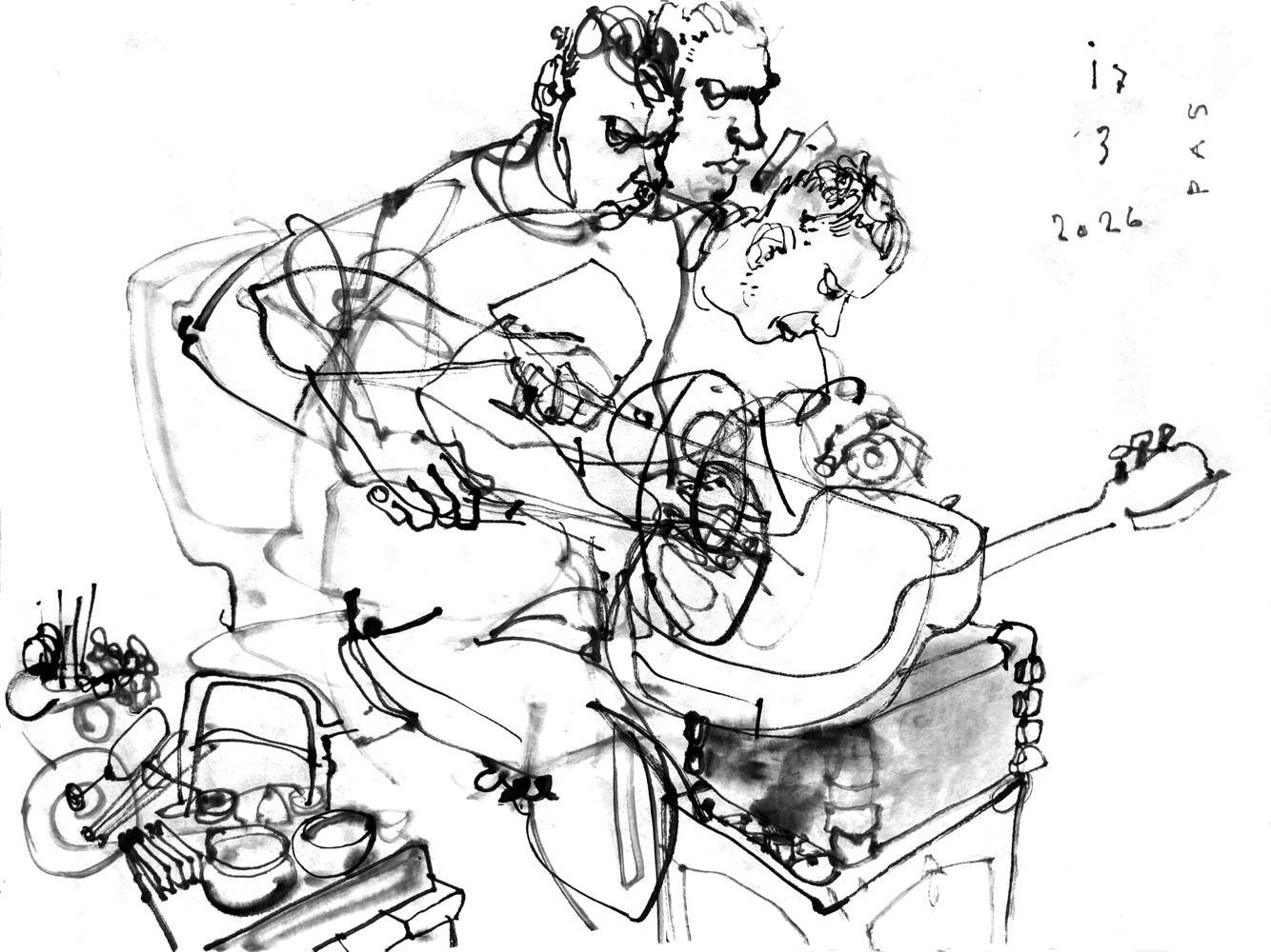 Ink drawing of a man, playing an acoustic guitar, positioned on an amp, with objects and sticks and a bow, depicted in muktiple poses-