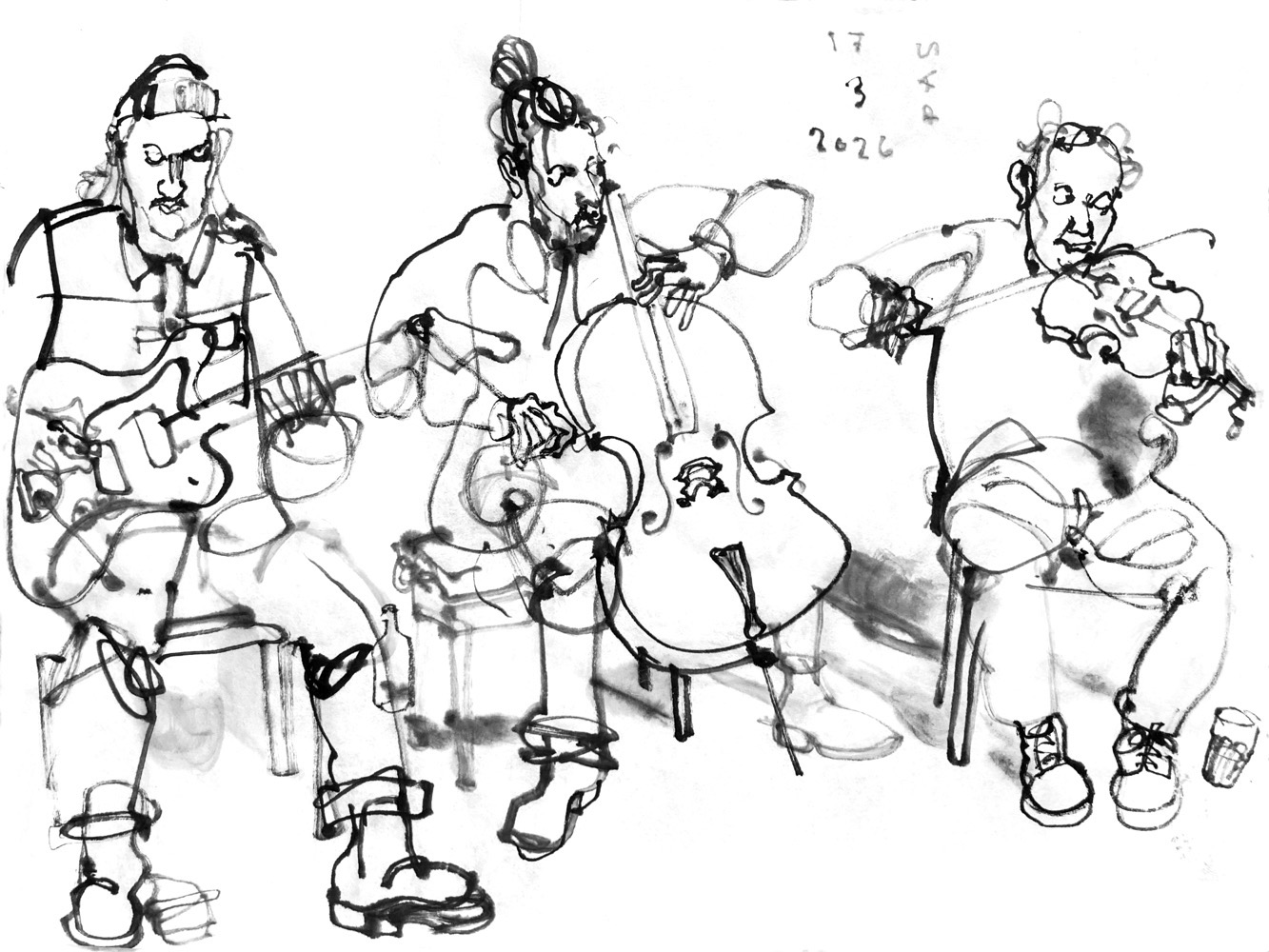 Ink drawing of three men performing music with an electric guitar a cello and a viola.