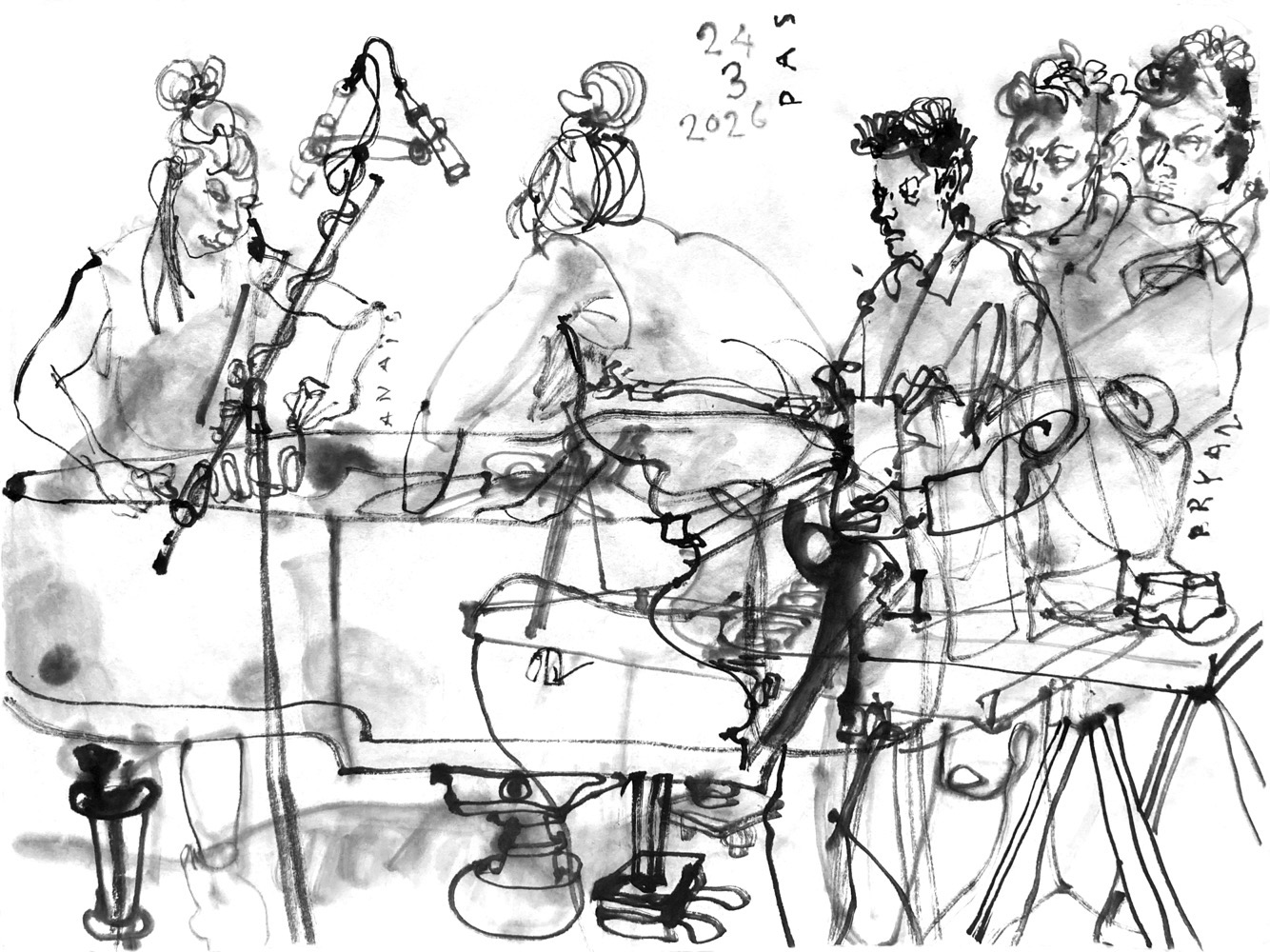 Ink drawing of a woman, playing an open grand piano in alternative ways and a man playing synthesizer.