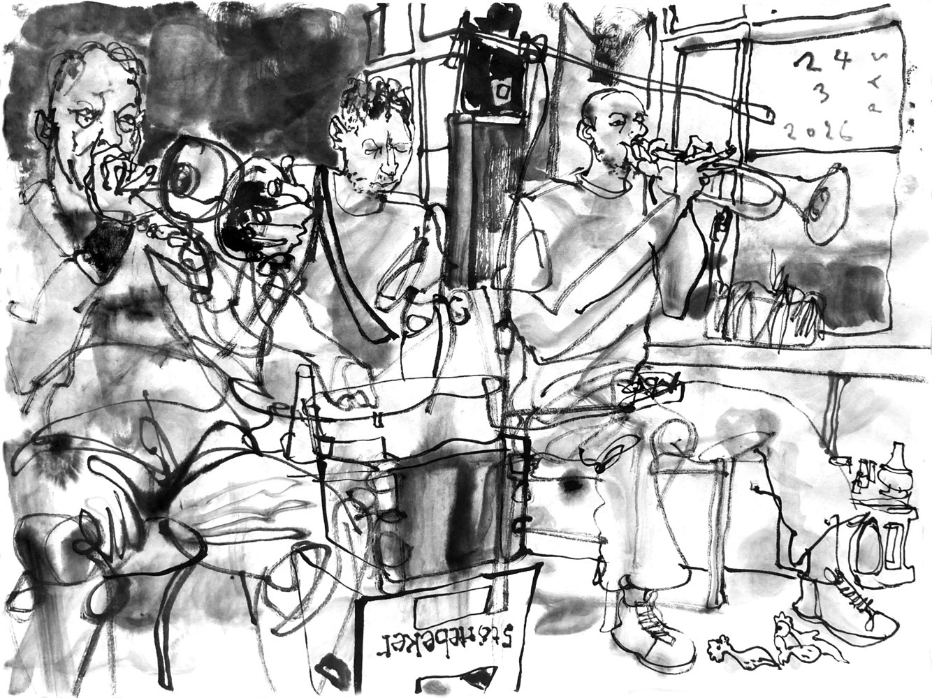 Ink drawing of three men, performing music: a trumpet player, a man playing an accoustic guitar eith drumsticks and amp for feedback and another man. playing trumpet.