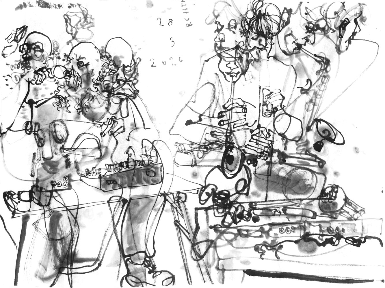 Inkdrawing of two men, performing: on the left vocal action and electronics, on the right all kind of reeds. Both are depicted in multiple overlaying poses.