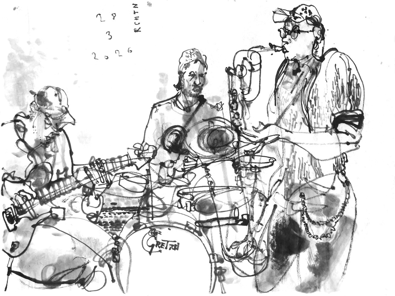 Ink draing of a man, playing guitar, another man on drums and a woman playing baritone saxophone.