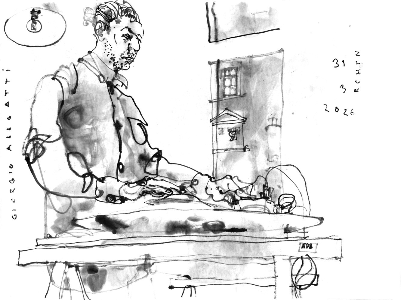 Ink drawing of a man, performing at a desk with electronic devices and cymbals.