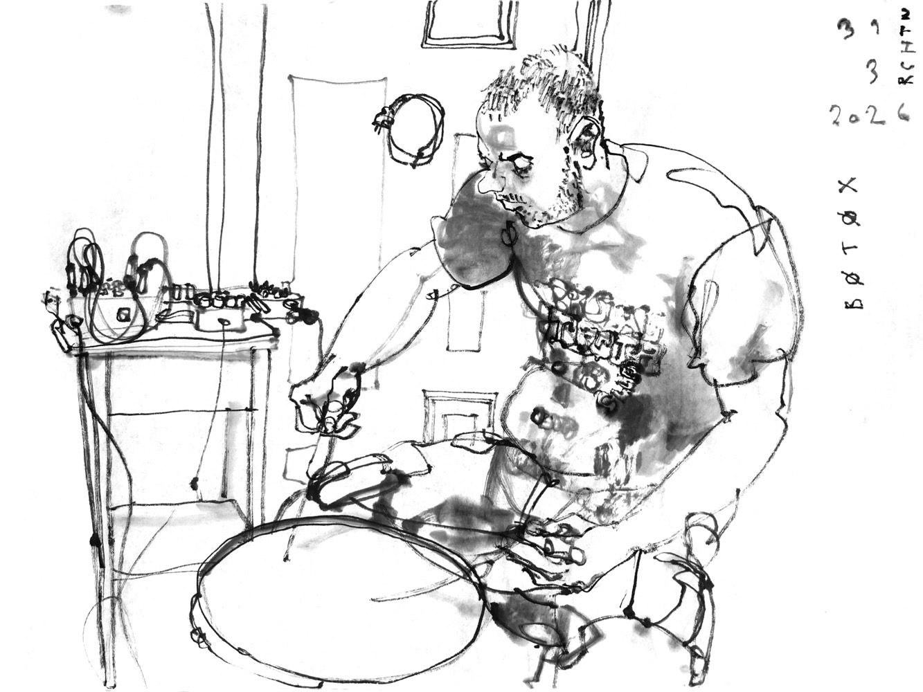 Ink drawing of a man, playing a snare drum.