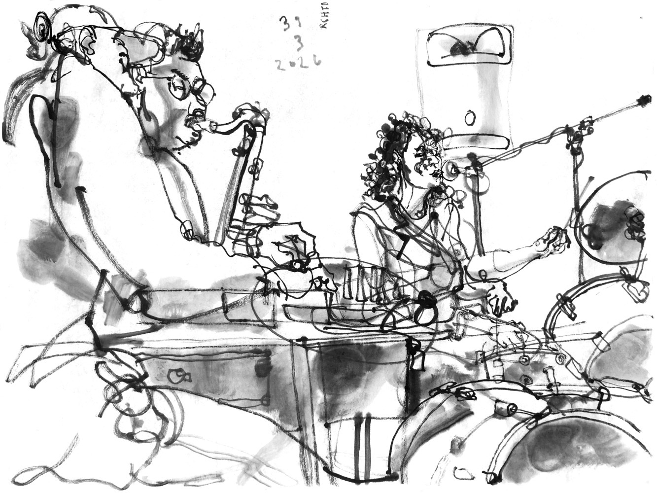 Ink drawing of three musicians, performing: a man on a desk with electronics, another man playing saxophone and a woman on drums, singing.