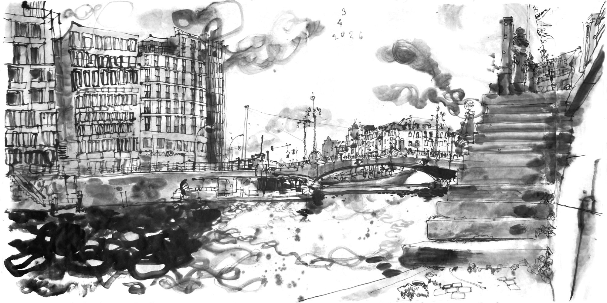 Tuschezeichnung von einem Flussufer - links 8-10 geschossige moderne Häuser am gegenüberliegenden Ufer , In der Mitte eine eiserne Bogenbrücke mit historischen Häusern dahinter, rechts sieht man die zum Ufer hinunterführennde Treppe, ganz rechts die Ufermauer.