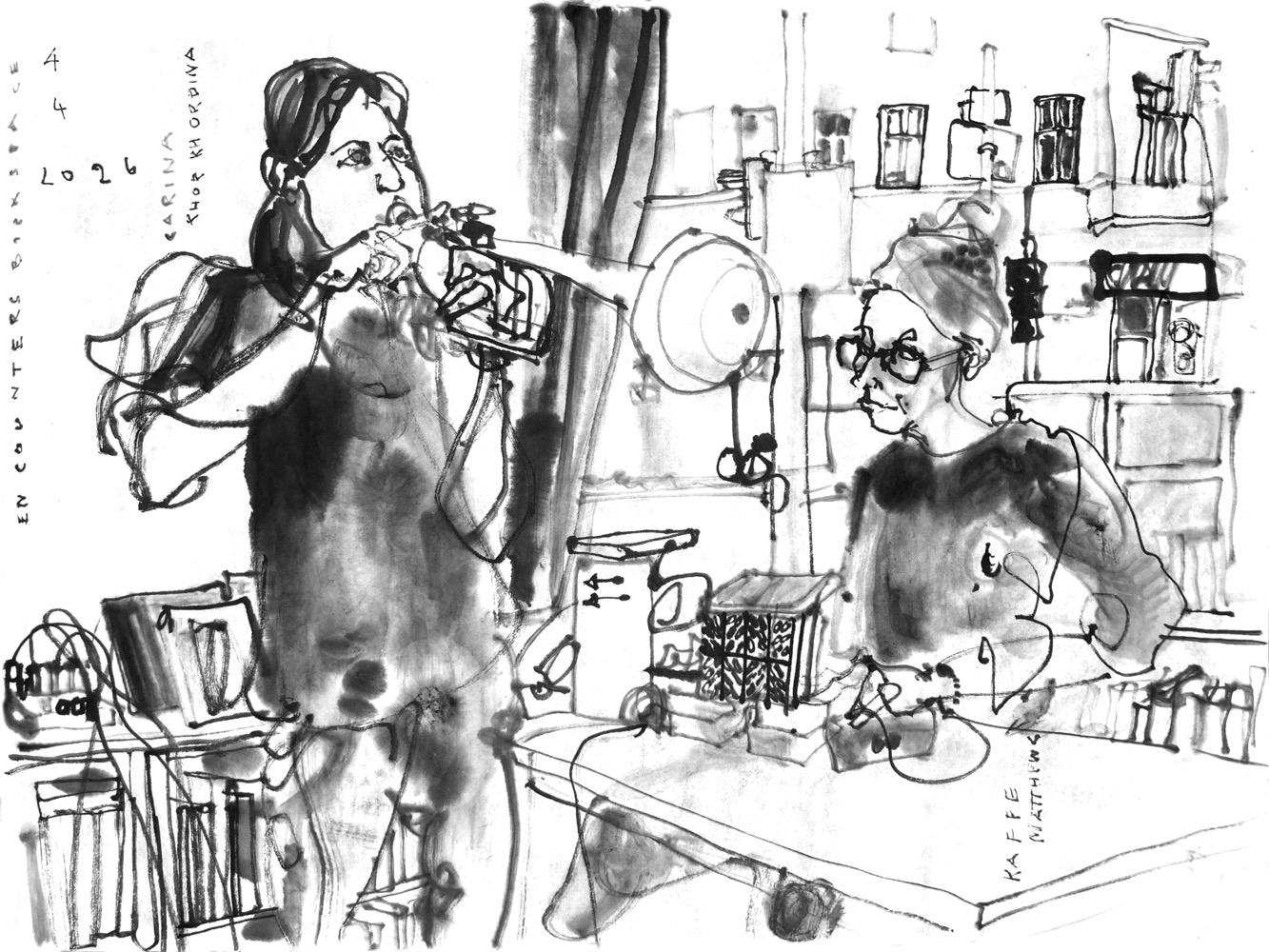 Ink drawing of a woman, playing Trumpet and another woman sitting at a desk with electronic devices, playing a concert in a bookstore.
