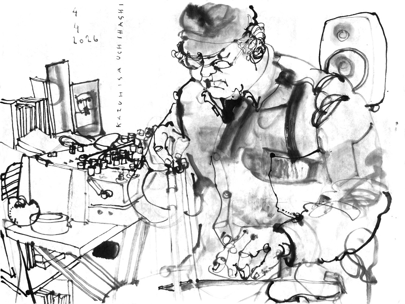 Ink drawing of a man, playing daxophone, which is a tongue shaped piece of wood, fixed in a block on a tripod, that is played with a violin bow (and occasionally sticks). Aside of the man is a desk wuth diverse electronic devices and a shelf with books, as this is in a bookstore. Behind him is a speaker.
