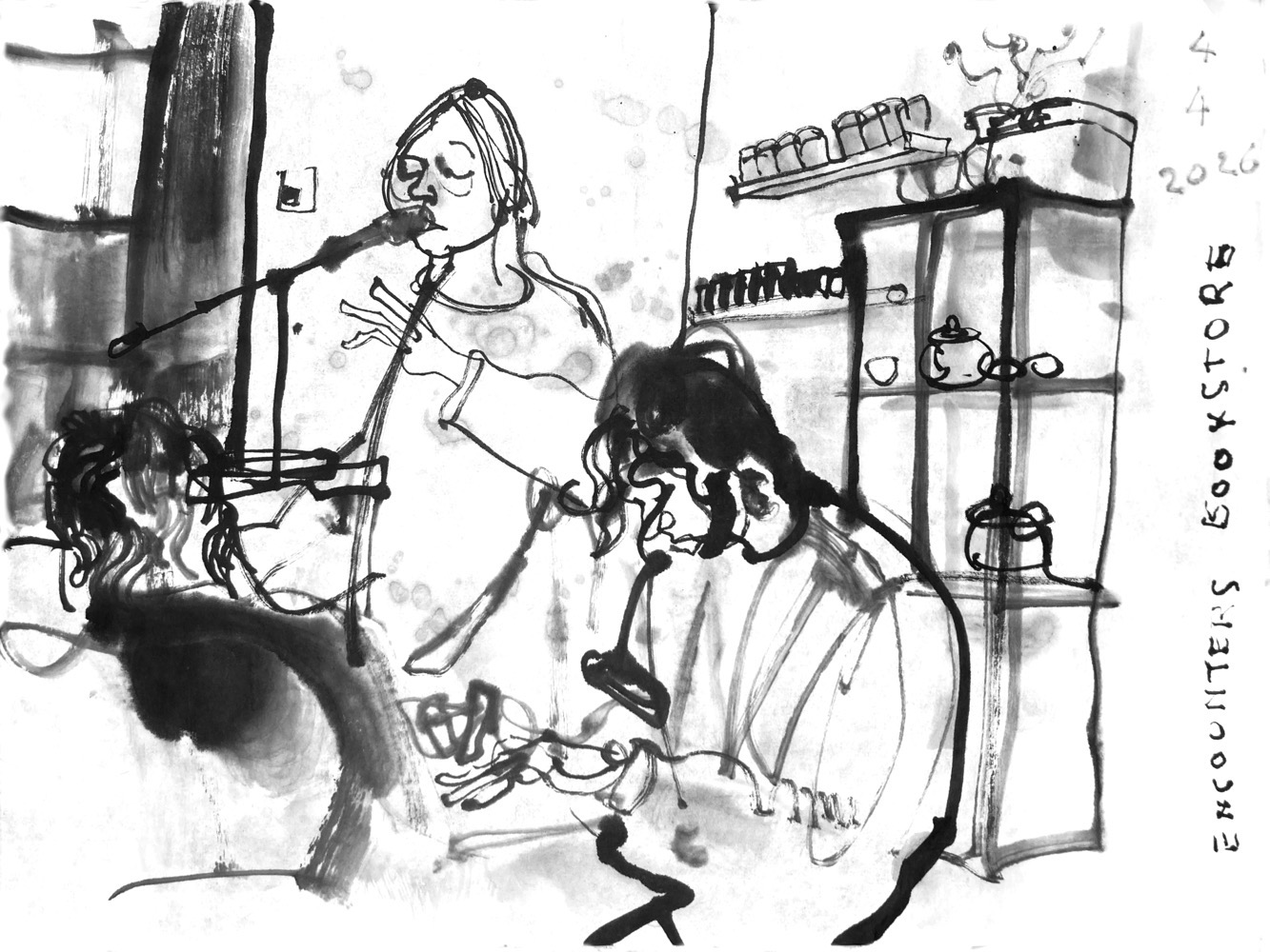 Ink drawing of a woman, standing at a voice microphone at a desk with an keyboard and a man, sitting at a laptop. To the left of them is a screen with a projection, in there back a cupboard and shelves with tea and tea dish.