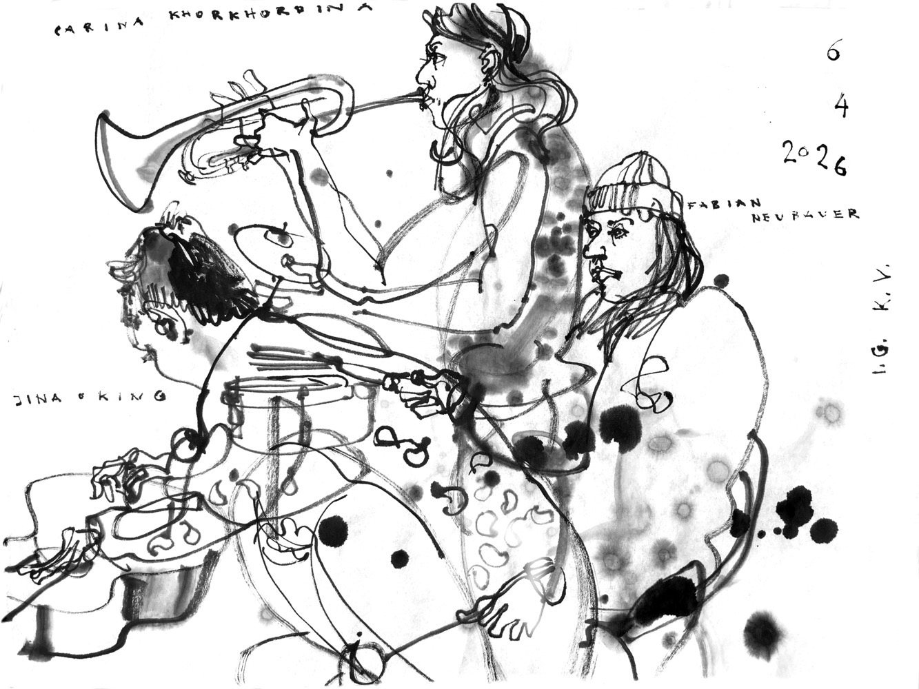 Tuschezeichnung einer Gitarristin, einer Trompeterin und eines Perkussionisten.