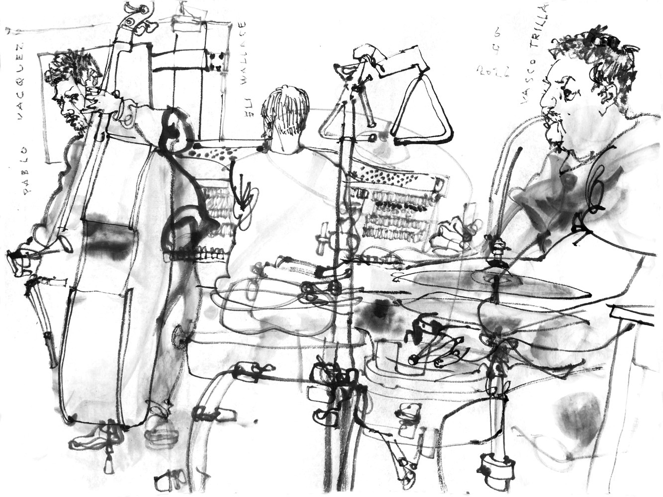 Tuschezeichnung dreier Musiker, ein Bassist, ein Pianist und ein Schlagzeuger.