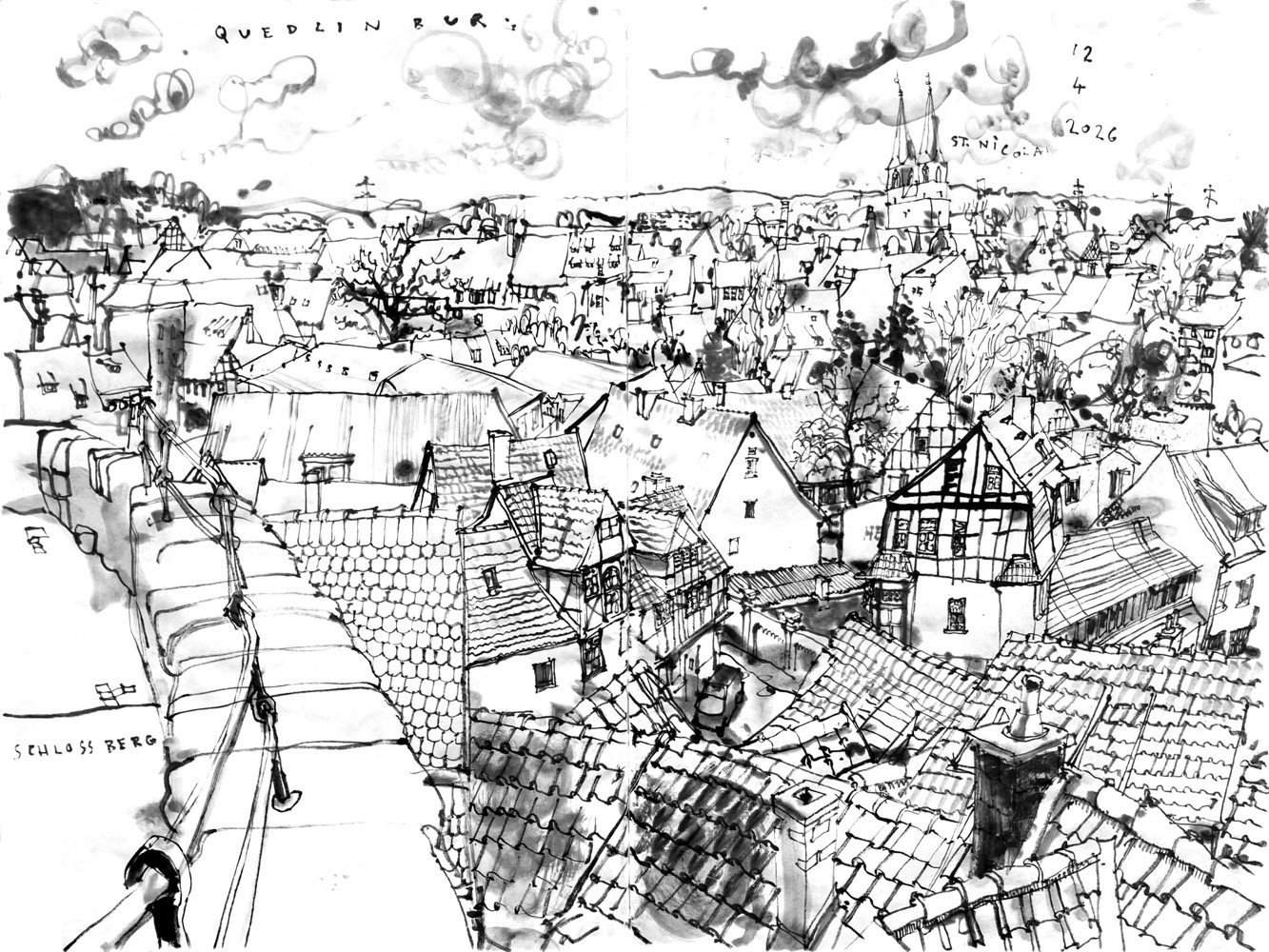 Tuschezeichnung einer historischen Stadt, von erhöhtem Standpunkt.