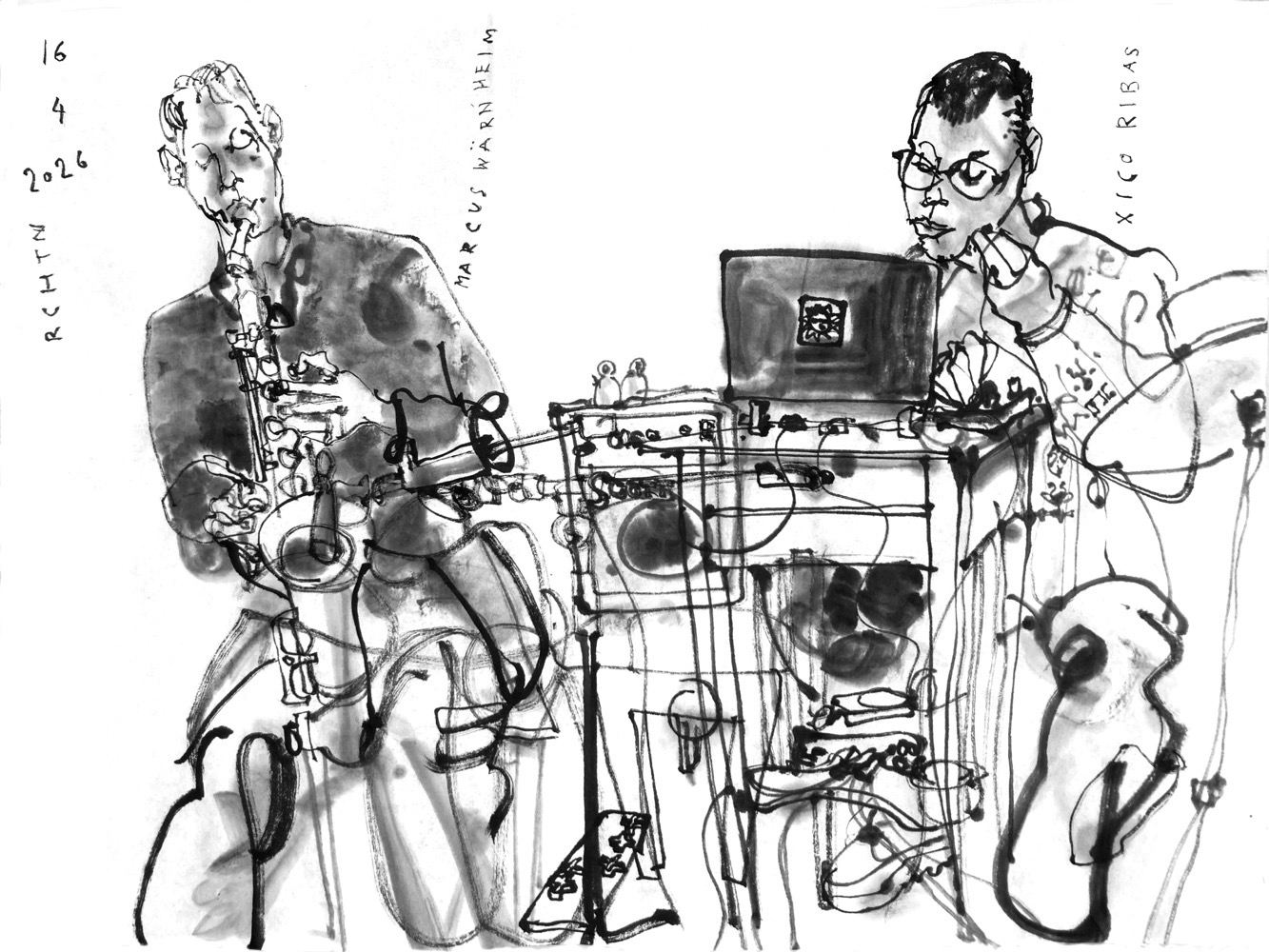 Inkdrawing of two musicians, a man on saxophone and another man behind a Laptop, doing voice and having a cimbal.