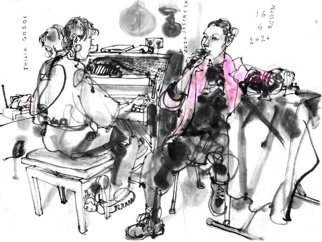 Ink drawing of two musicians, a piano player and a singer.