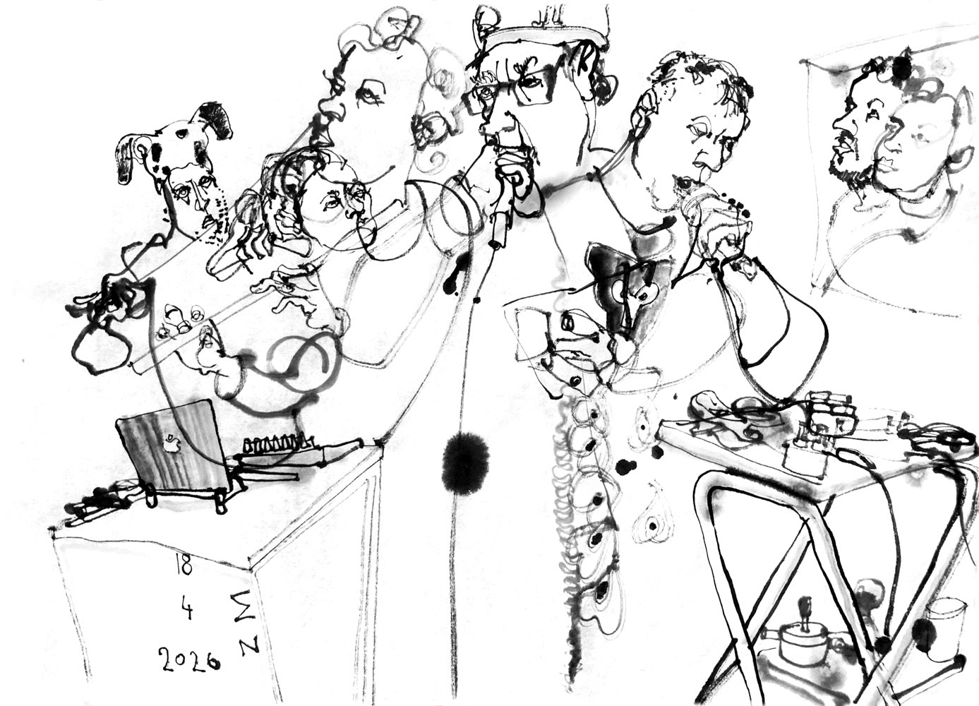 Ink drawing of six performers performing.