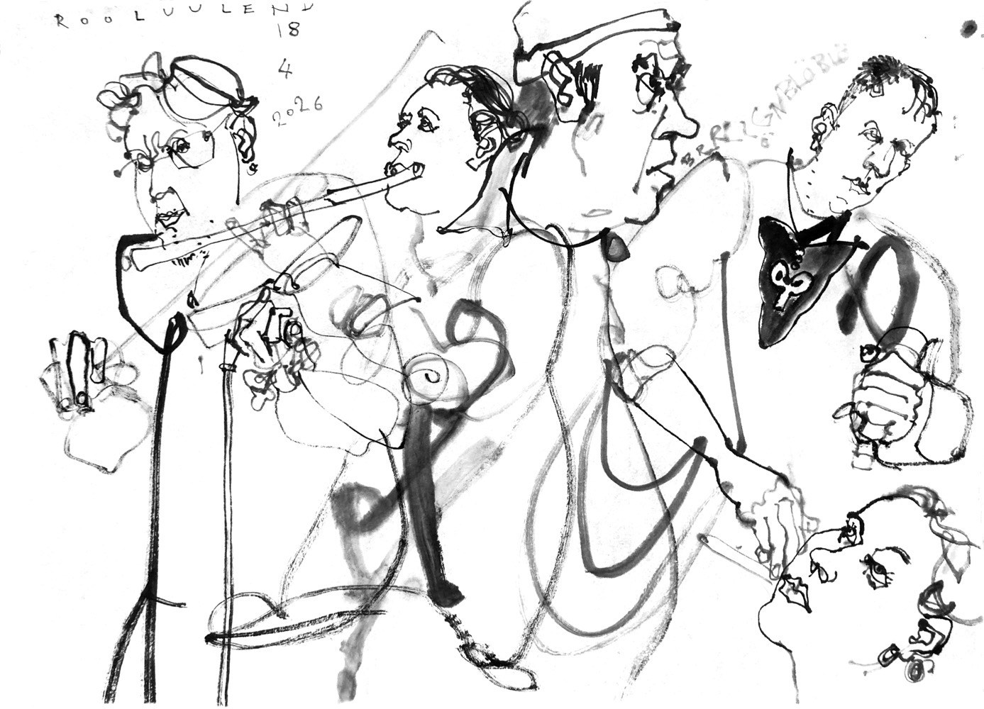 Ink drawing of five performers performing.