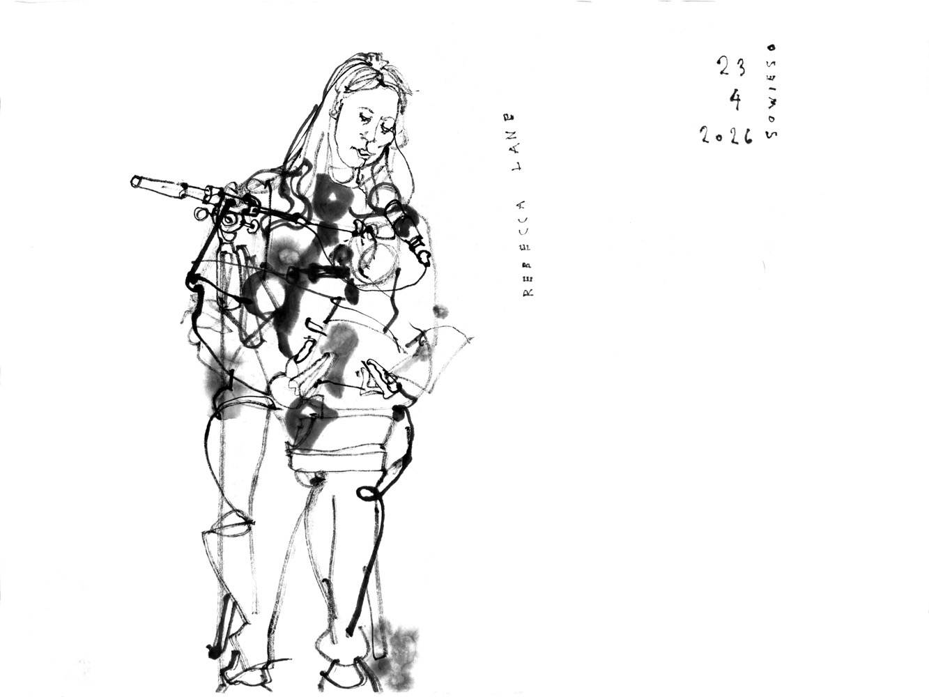 Ink drawing of a woman, siting on a chair behind a mic, reading