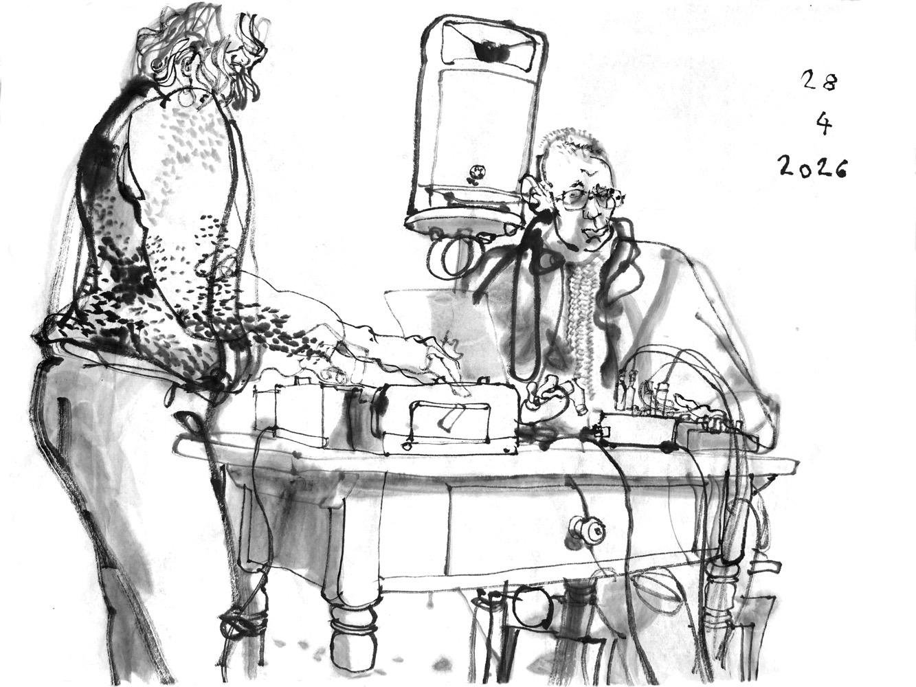 ink drawing of a woman, standing at a table with electronic devices and a man, sitting at the same table with a laptop and more devices.