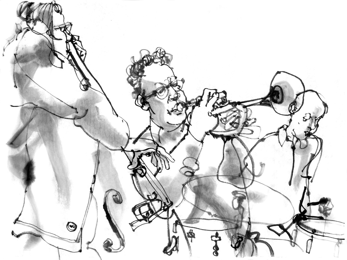 Ink drawing of three man, performing : a bass player, a cornet player and a drummer.