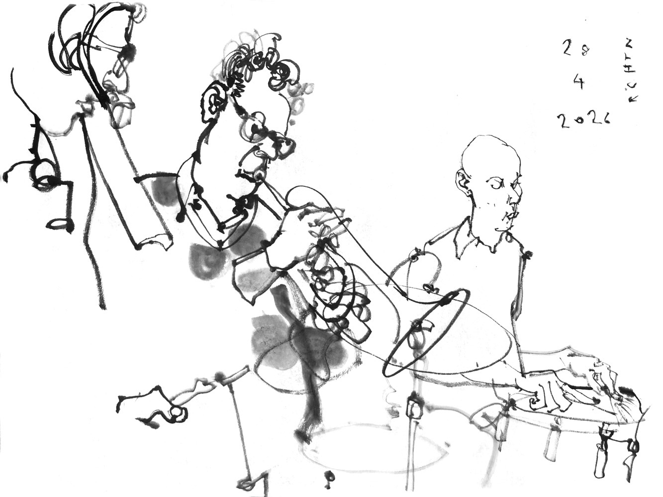 Ink drawing of three man, performing : a bass player, a cornet player and a drummer.