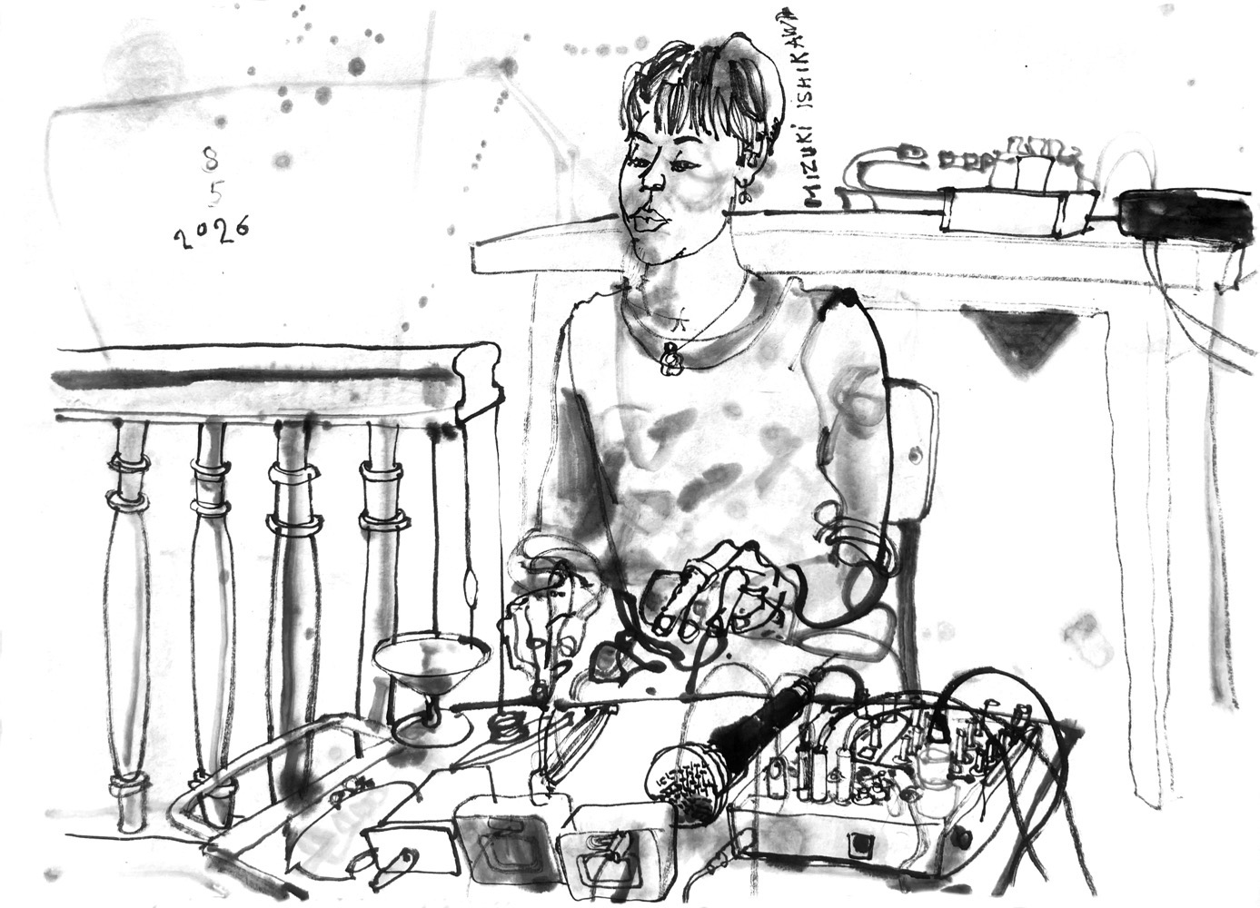 Ink drawing of a woman performing from behind a desk with various objects and devices.