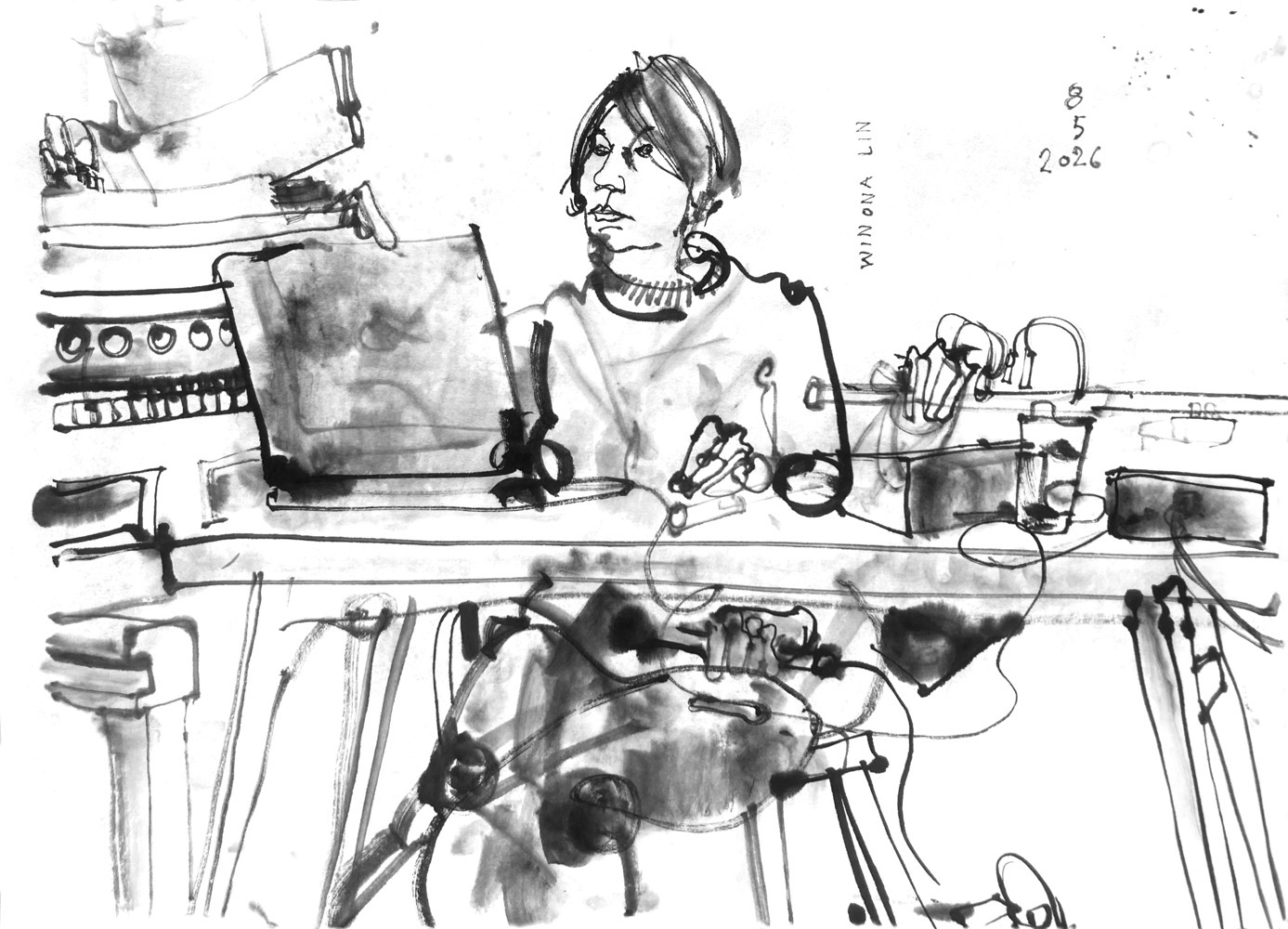 Ink drawing of a woman, sitting at a desk with a laptop and other devices, harmonium on the left.