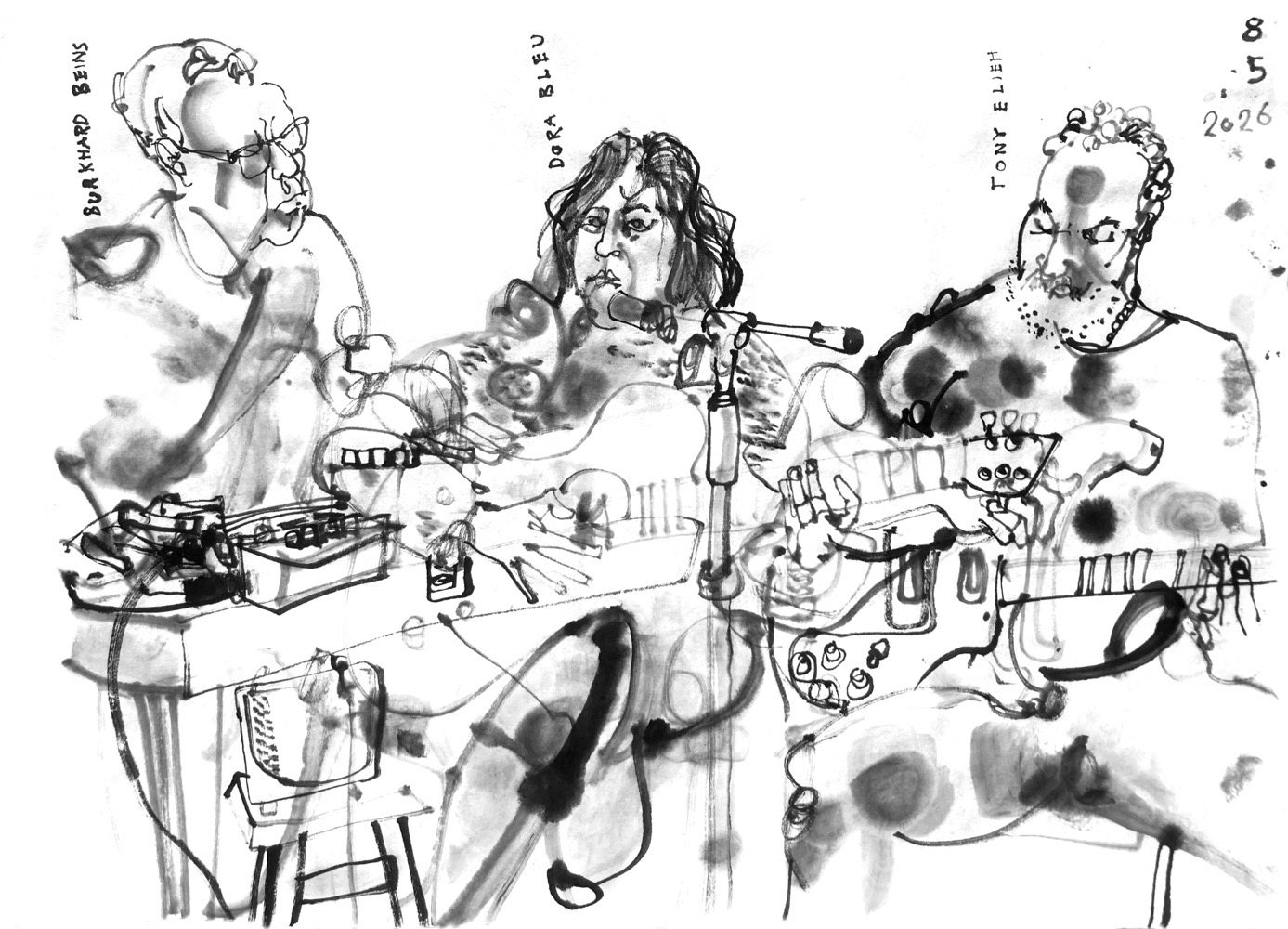 Ink drawing of three musicians performing - a man standing at a desk with an e-bass ynd other devices lying upon it, a woman, with an guitar behind a microphone and a man, playing e-bass.