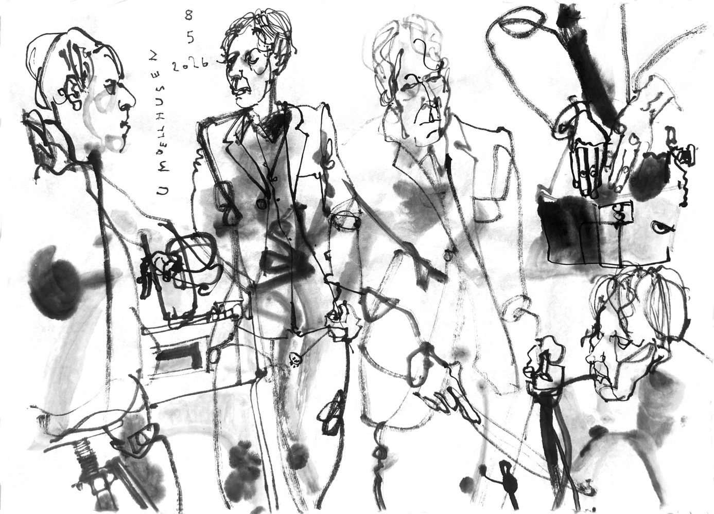 Ink drawing of a man, performing on stage, depicted in multiple poses, sitting at an harmonium, standing with drumstick in hand, playing a single piano string with a violin bow and playing a cardboard box.