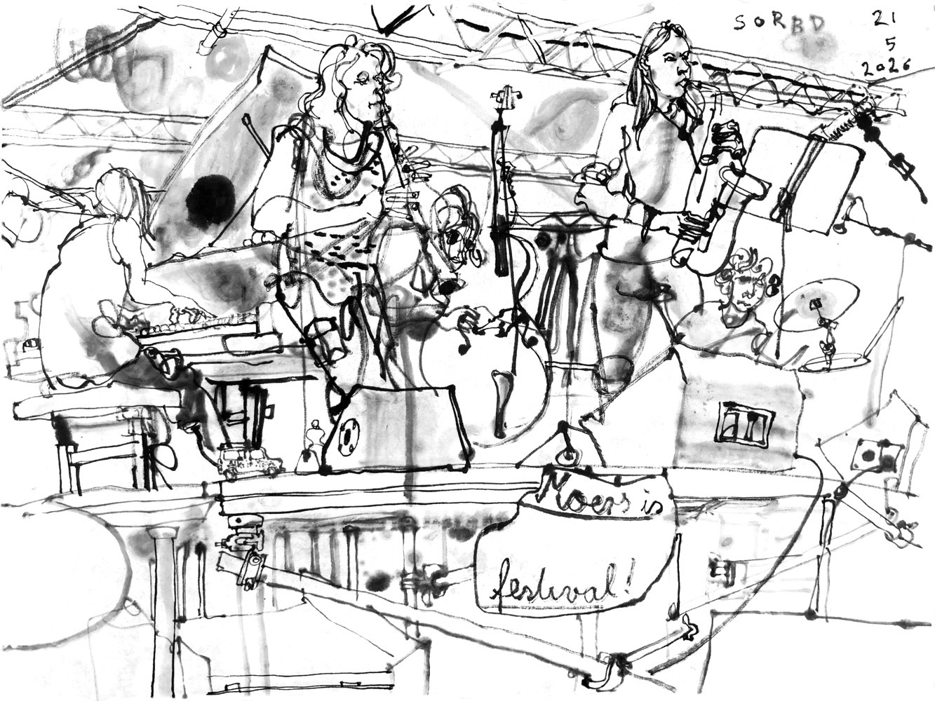 Tuschezeichnung eine Konzerts: eine Pianistin, eine Klarinettistin, eine Bassistin, eine Saxofonistin und eine Schlagzeugerin