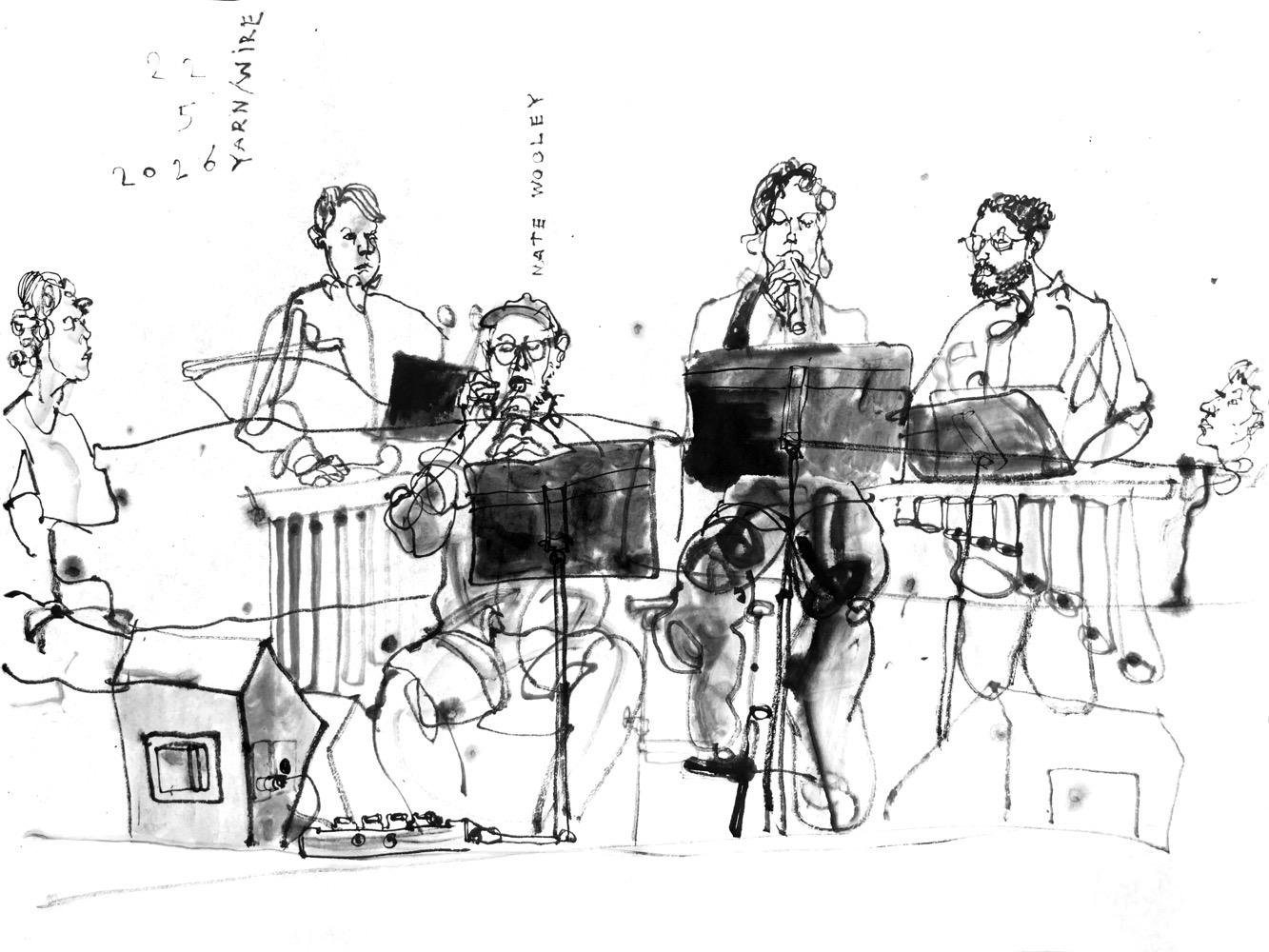 Tuschezeichnung von sechs Musikern,