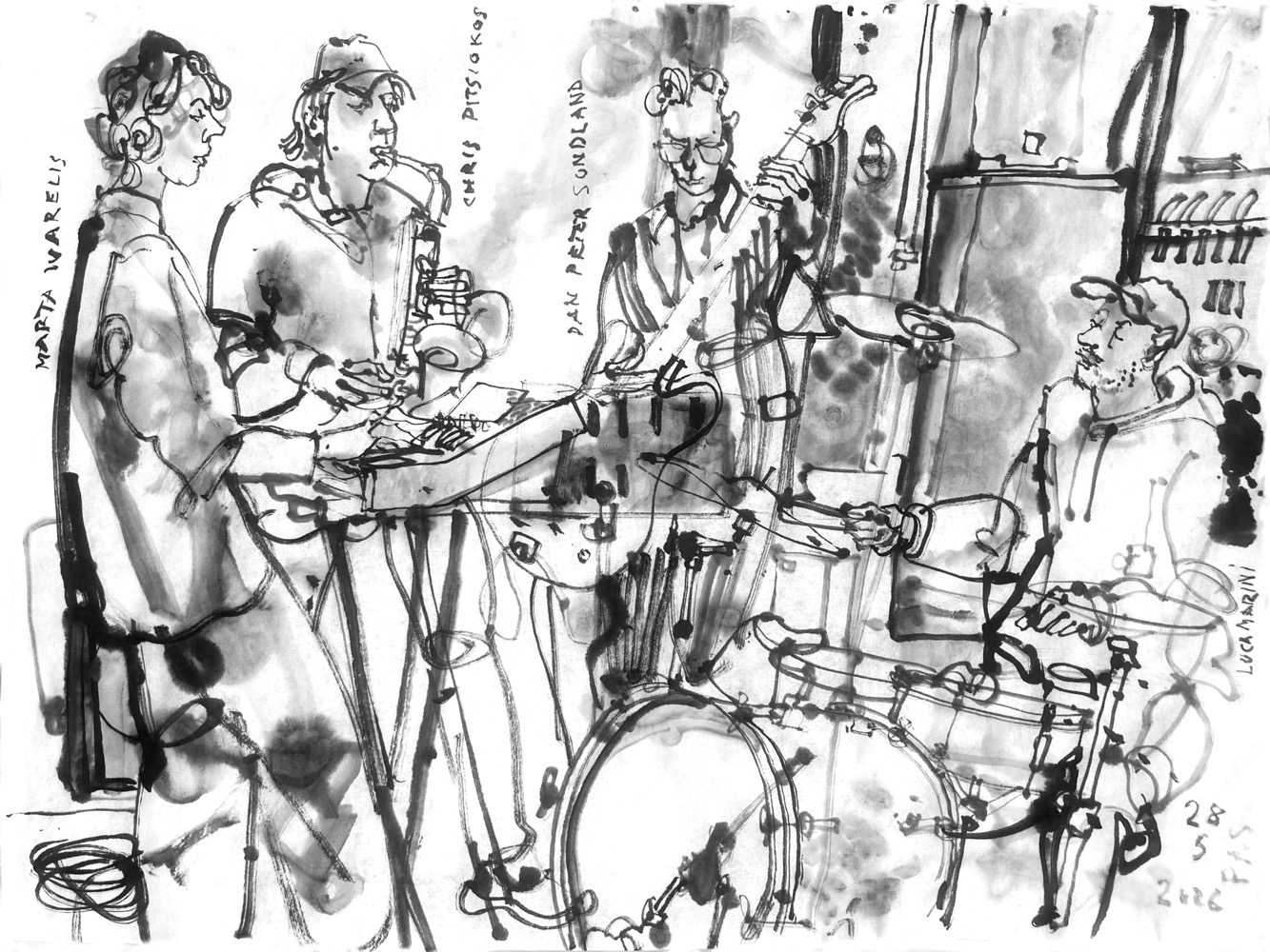 ink drawing of four musicians performing