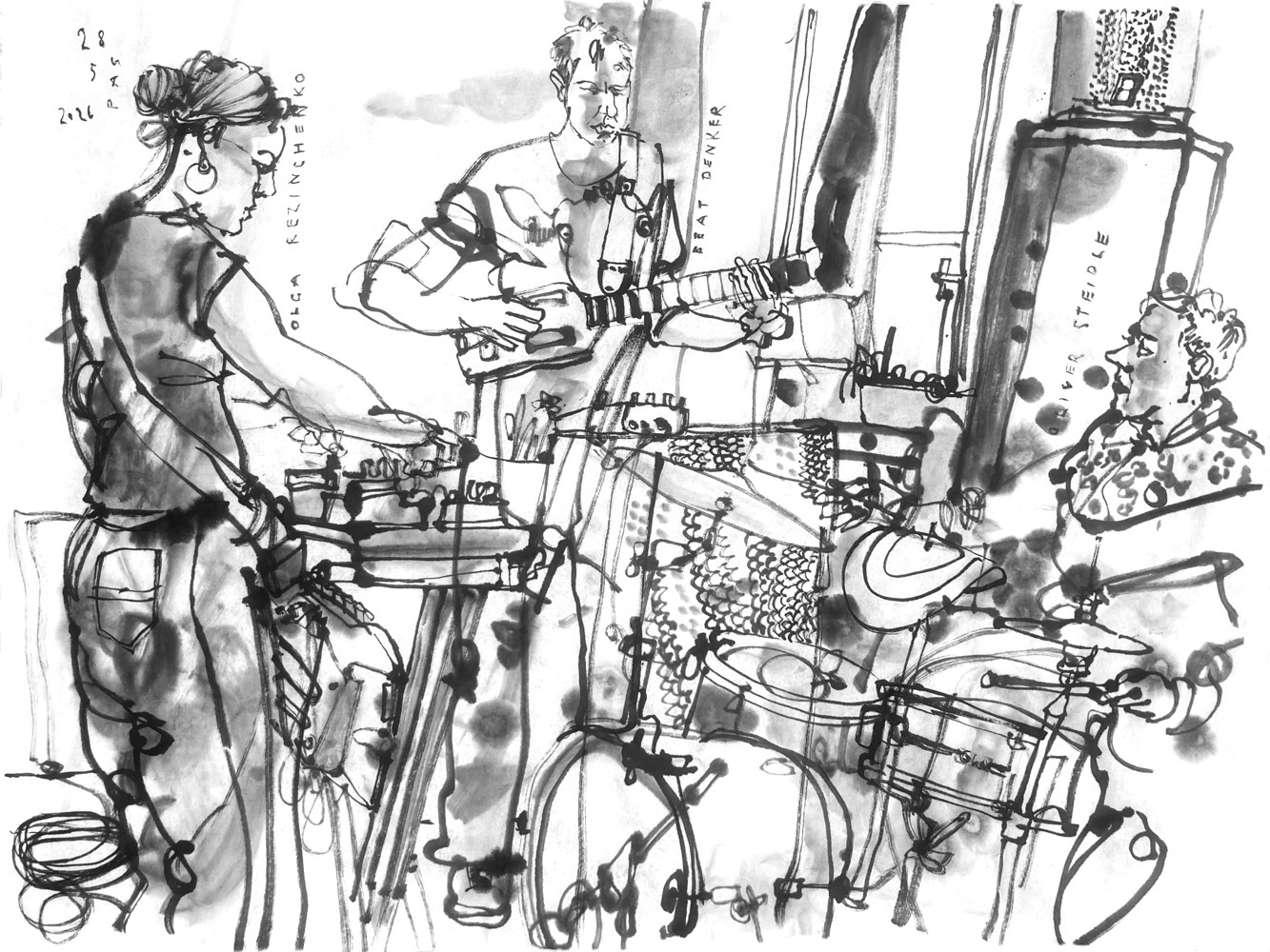 ink drawing of three musicians performing