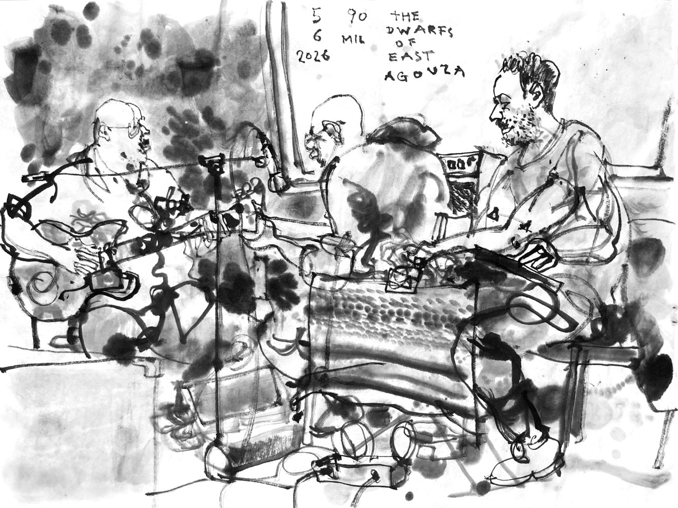 ink drawing of three male musicians on stage, a guitar player, a man on bass guitar and a third man behind a desk with electronic devices.
