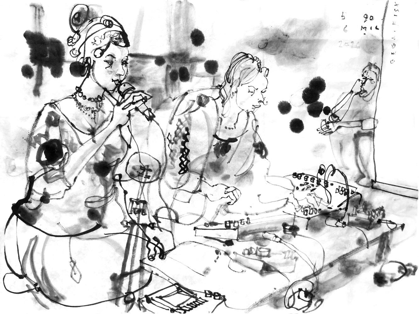 ink drawing of two women crouching in front of a desk with electronic devices. One has a microphone and an open booklet on her knees, the other is manipulting two of the devices.