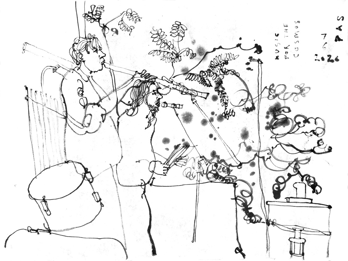 Ink drawing of a man, playing a flute and another man, reciting.